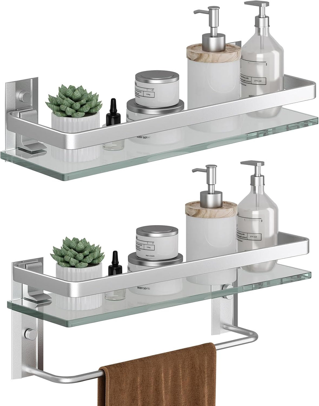 Danpoo Bathroom Shelves Wall Mounted, Clear Tempered Glass Shelf with Towel Bar, Hand Towel Holder(Matte Silver)