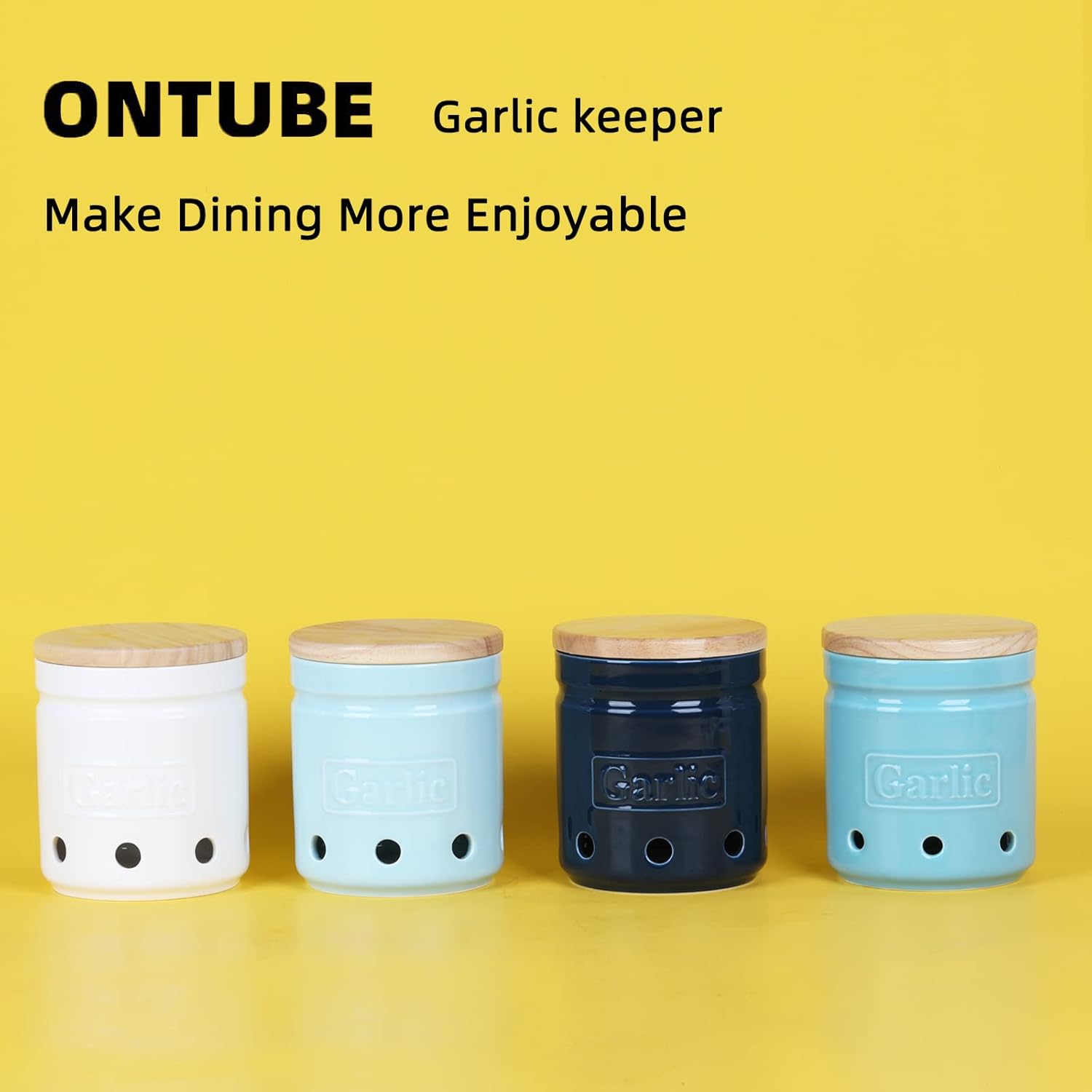 Large Garlic Keeper with Wooden Lid, Ceramic Garlic Holder Storage, Garlic Container for Kitchen, Garlic Saver to Keep Your Garlic Cloves Fresh Longer 4.5-Inch, Navy