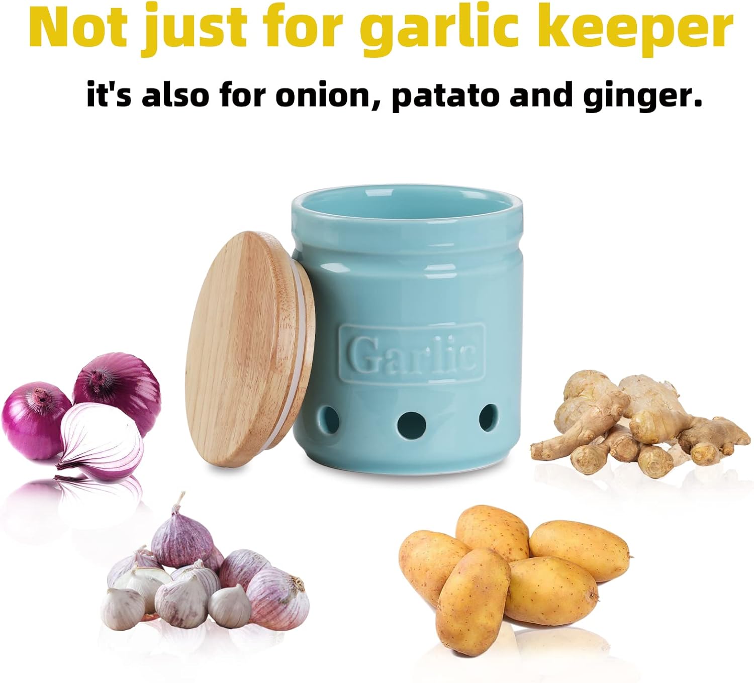 Large Garlic Keeper with Wooden Lid, Ceramic Garlic Holder Storage, Garlic Container for Kitchen, Garlic Saver to Keep Your Garlic Cloves Fresh Longer 4.5-Inch, Turquoise