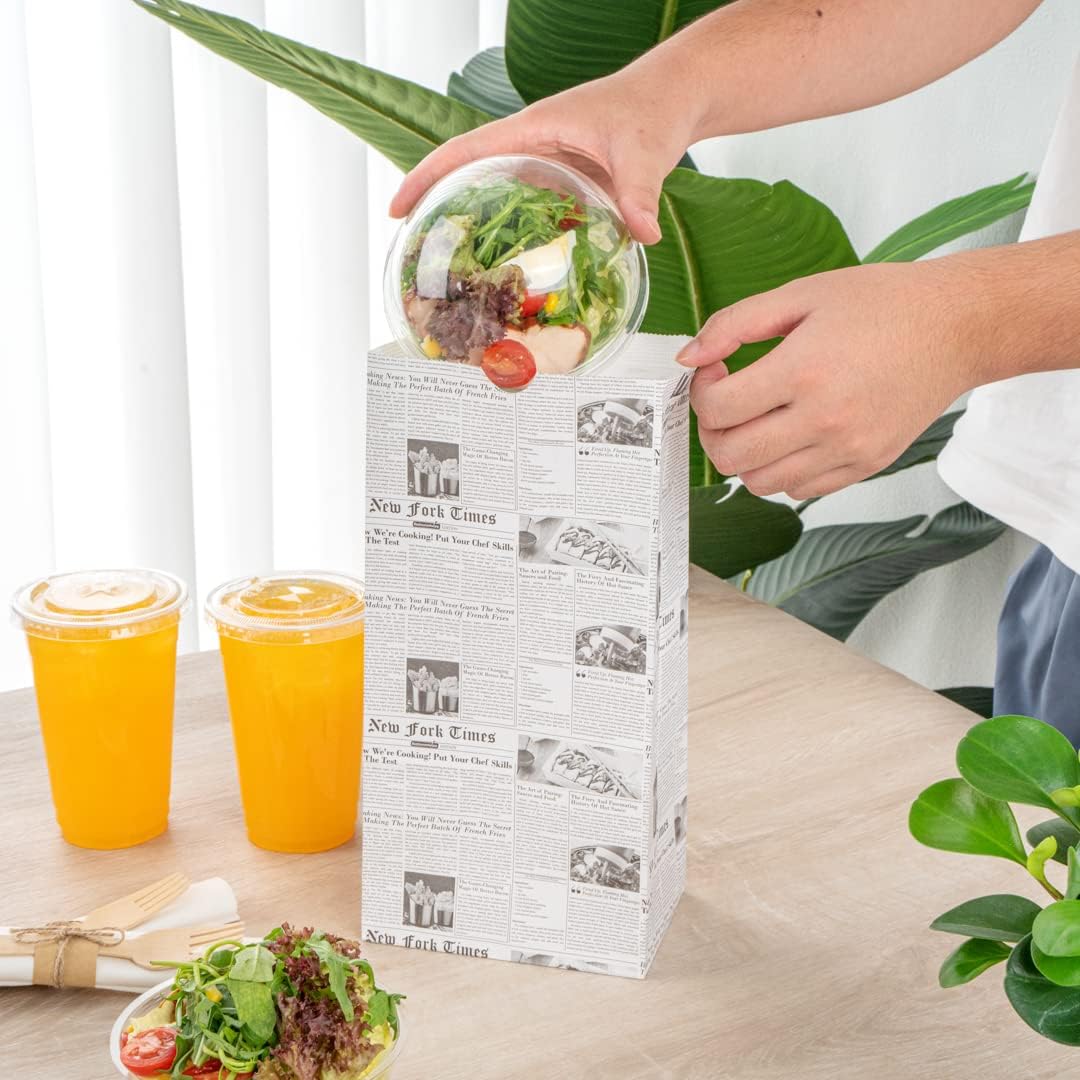 Bag Tek 8 Lb Disposable Lunch Bags, 100 Sturdy Take Out Bags - Flat Bottom, Microwavable, Newsprint Design Paper Bags, Freezable, Great For Restaurants, Cafes, And Bakeries - Restaurantware