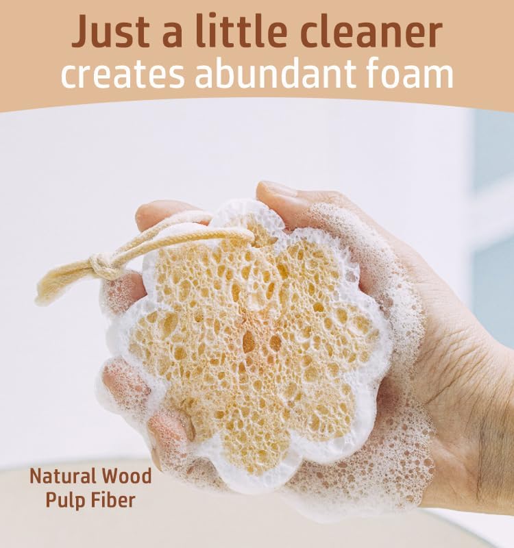 Flower-Shaped Wood Pulp Sponge Scrubber, sponges Kitchen– Dual-Sided Natural Dish Sponge,sponges for Dishes, Eco-Friendly, Quick-Drying, Gentle on Non-Stick Pans (8.5×1.8cm) (10pcs)