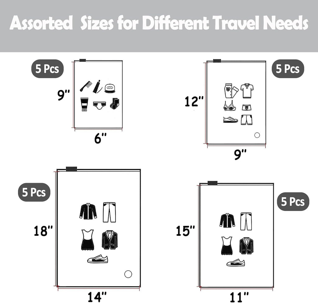 (20 pcs, 4 Sizes) Travel Luggage Organizer Bags, 4 Mil Slider Zip Plastic Clothing Packaging Bags, Travel/Home Storage and organizing pouches, Space Saver Bag (6''x9''-14‘’x18'')