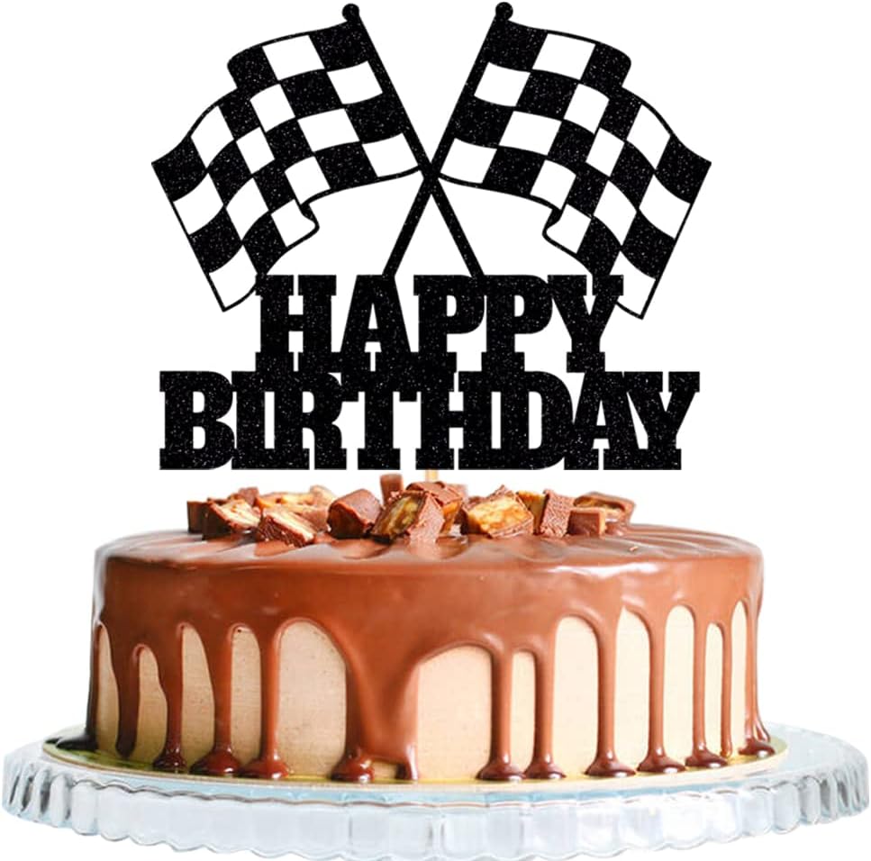 Race Car Cake Topper - Checkered Flag, Glitter, Happy Birthday Theme Cake Decor