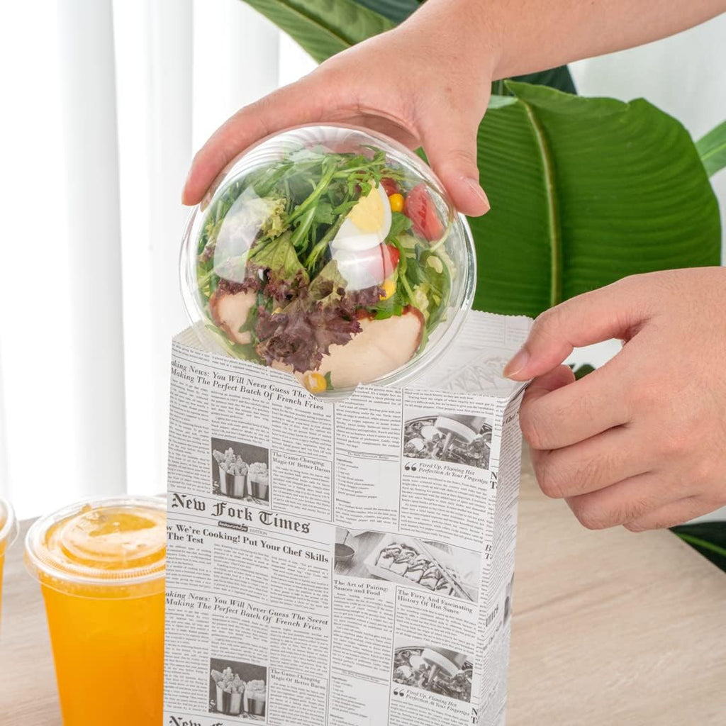 Bag Tek 8 Lb Disposable Lunch Bags, 100 Sturdy Take Out Bags - Flat Bottom, Microwavable, Newsprint Design Paper Bags, Freezable, Great For Restaurants, Cafes, And Bakeries - Restaurantware