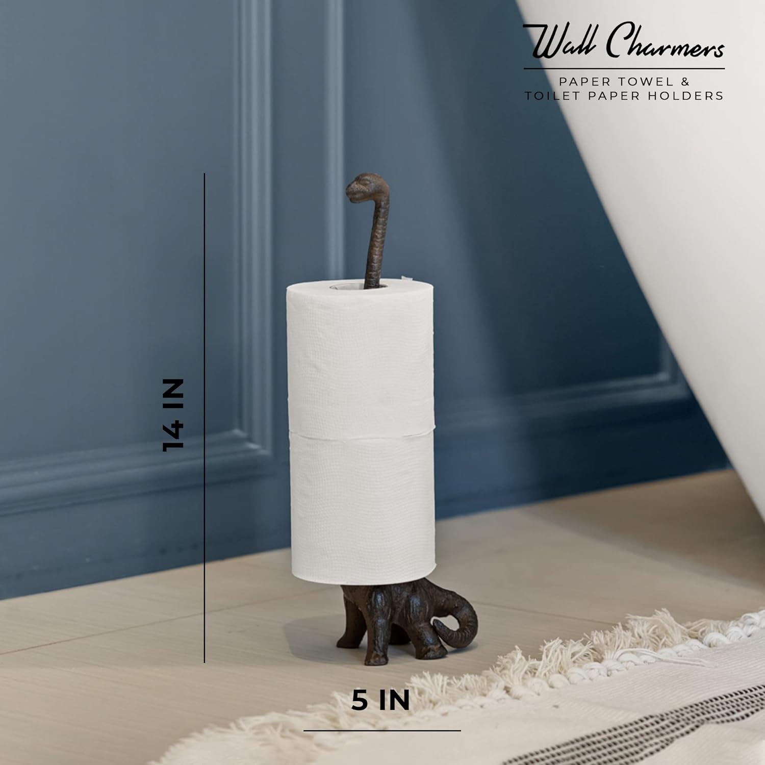 WallCharmers Rustic Paper Towel Holder, Metal Toilet or Kitchen Paper Holder for Floor or Countertop, Rustic Dino