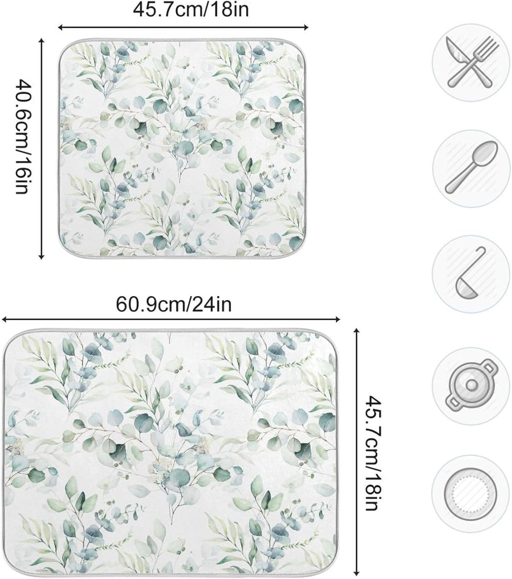 Green Sage Eucalyptus Leaves Dish Drying Mat for Kitchen Counter Absorbent Microfiber Drying Pad, Medium 16x18 in, Reversible Drainer Mats