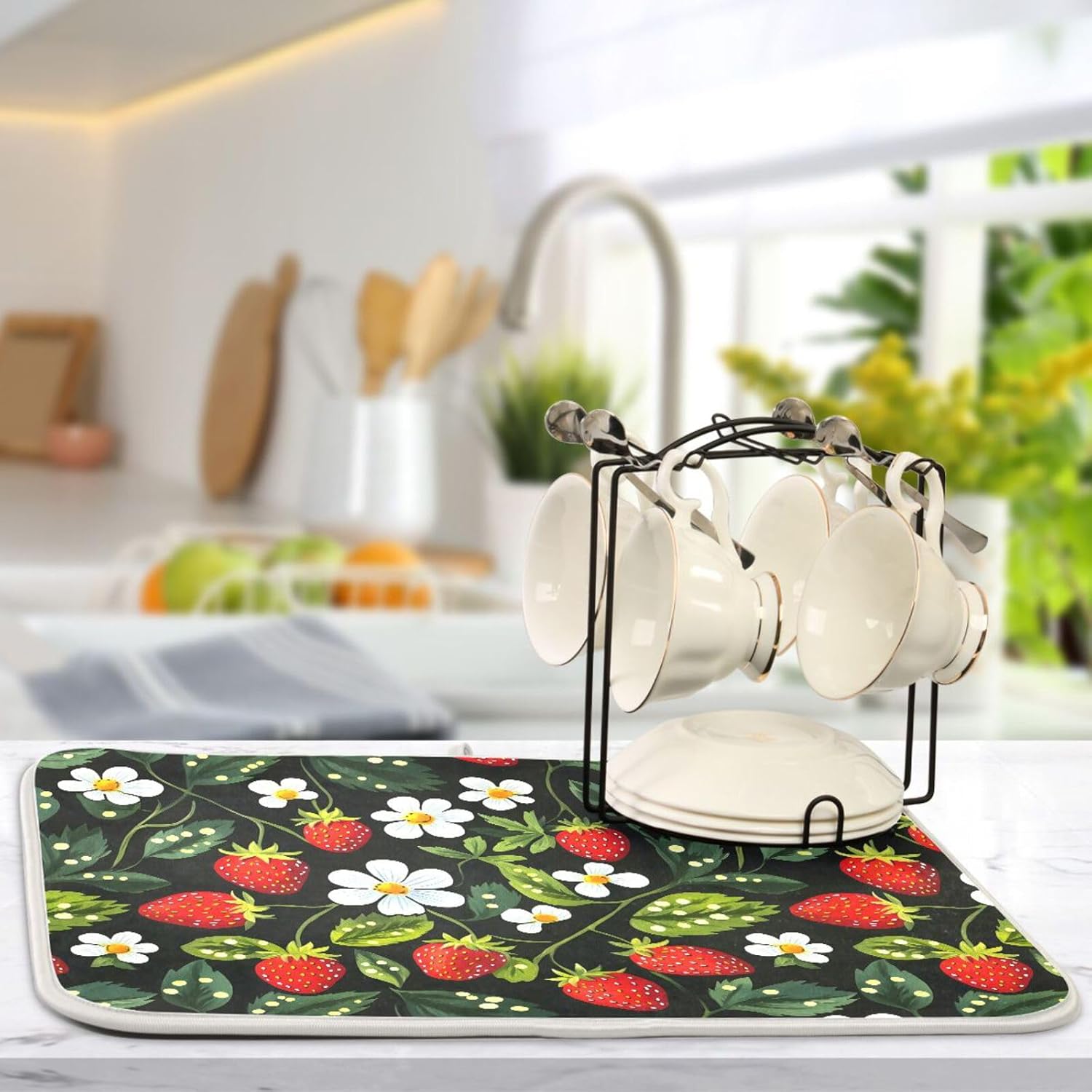 Strawberries White Flowers Dish Drying Mat for Kitchen Counter Absorbent Microfiber Drying Pad, Large 18x24 in, Reversible Drainer Mats