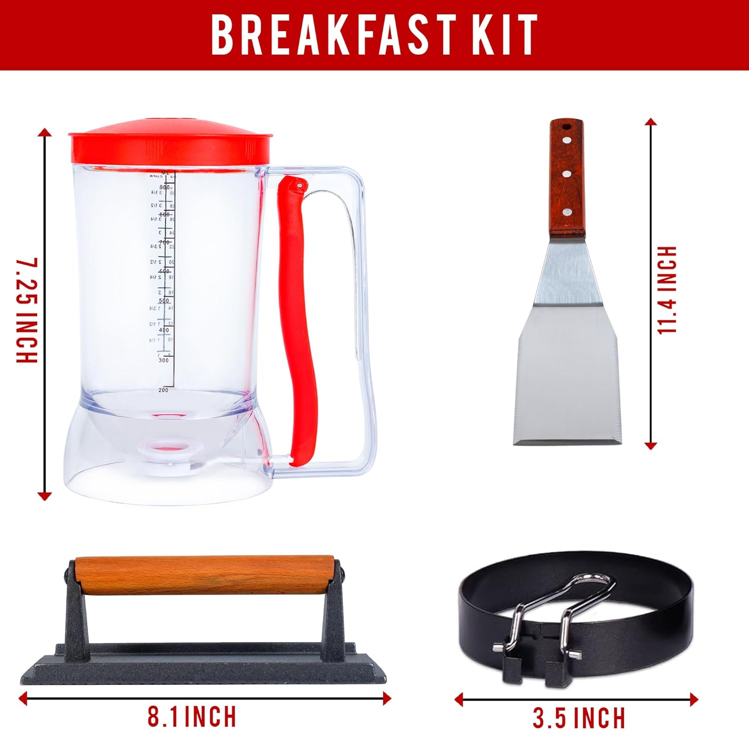 Eggssentials Griddle Breakfast Kit Compatible with Blackstone Griddle, Pancake Batter Dispenser, Bacon Press, 4 Egg Rings & Stainless Steel Spatula - Best for Indoor-Outdoor Cooking.