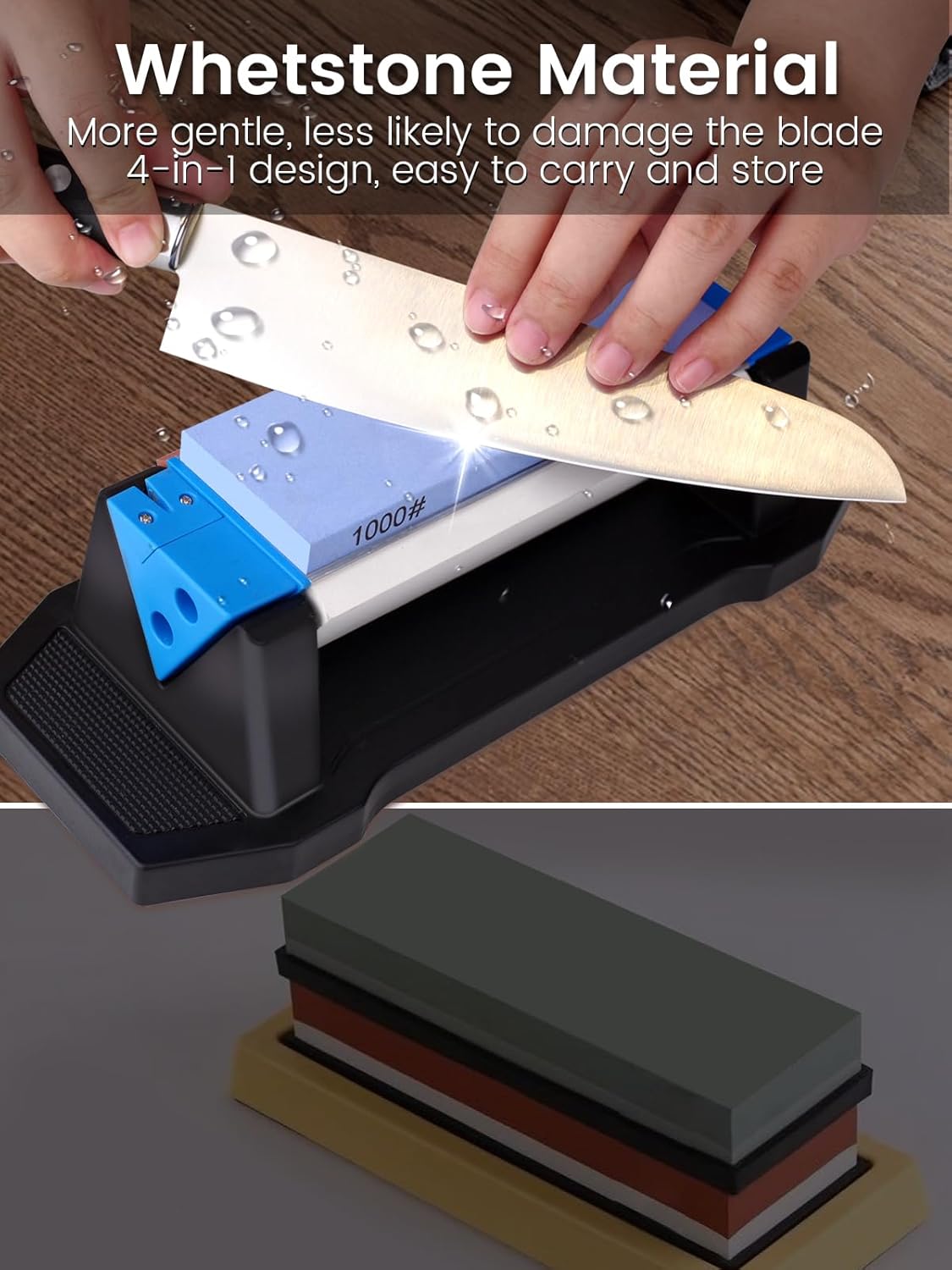 Whetstone Sharpening Stone Kit, Premium 3 Side Grit 400/1000/5000 Knife Sharpener for Sharp Blade, with Non-Slip Base, Angle Guide & Leather Strop
