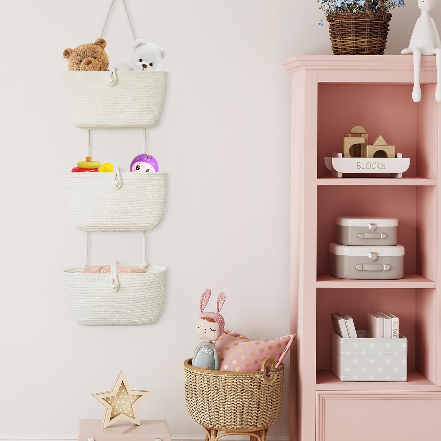 TeoKJ 3-Tier Hanging Baskets for Storage with Pearl Button Strap, Over The Door Storage Baskets for Bathroom, Bedroom, Closet, Door Storage Organizer for Decoration, White