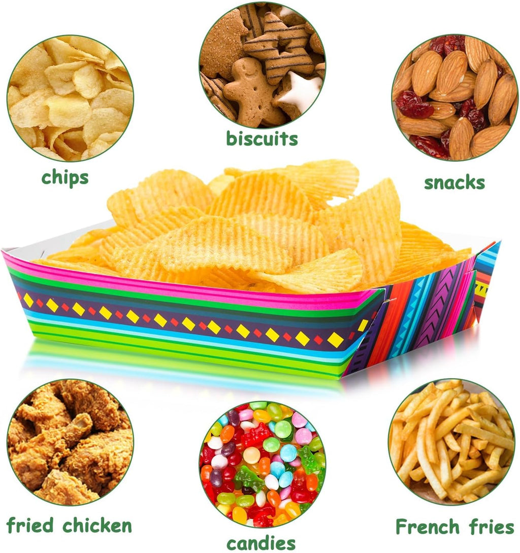 Mexican Taco Nights Food Trays 100Pcs Hispanic Heritage Month Mexican Nacho Popcorn Assembled Trays Snack Candy Holder Disposable Paper Plates Birthday Carnival Party Picnic Food Containers