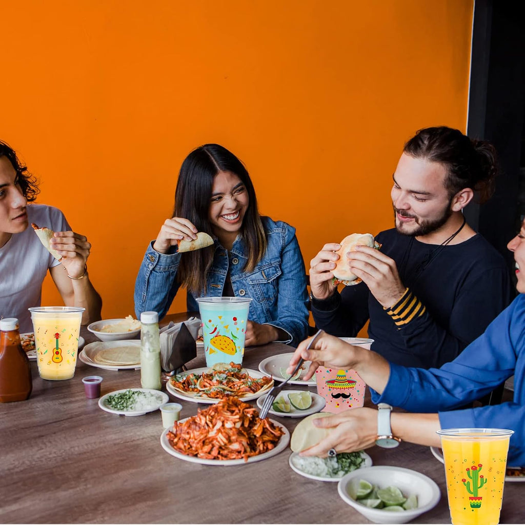 meekoo 200 Pack 12 oz Fiesta Cups Plastic Mexican Cups Clear Disposable Mug Cinco De Mayo Party Decorations for Fiesta Taco Birthday Party Drinkware Supplies, 4 Styles