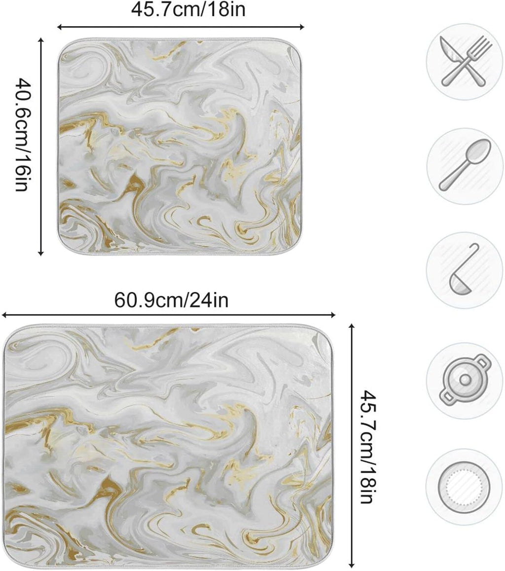 White Grey Gold Marble Fluid Dish Drying Mat for Kitchen Counter Absorbent Microfiber Drying Pad, Large 18x24 in, Reversible Drainer Mats