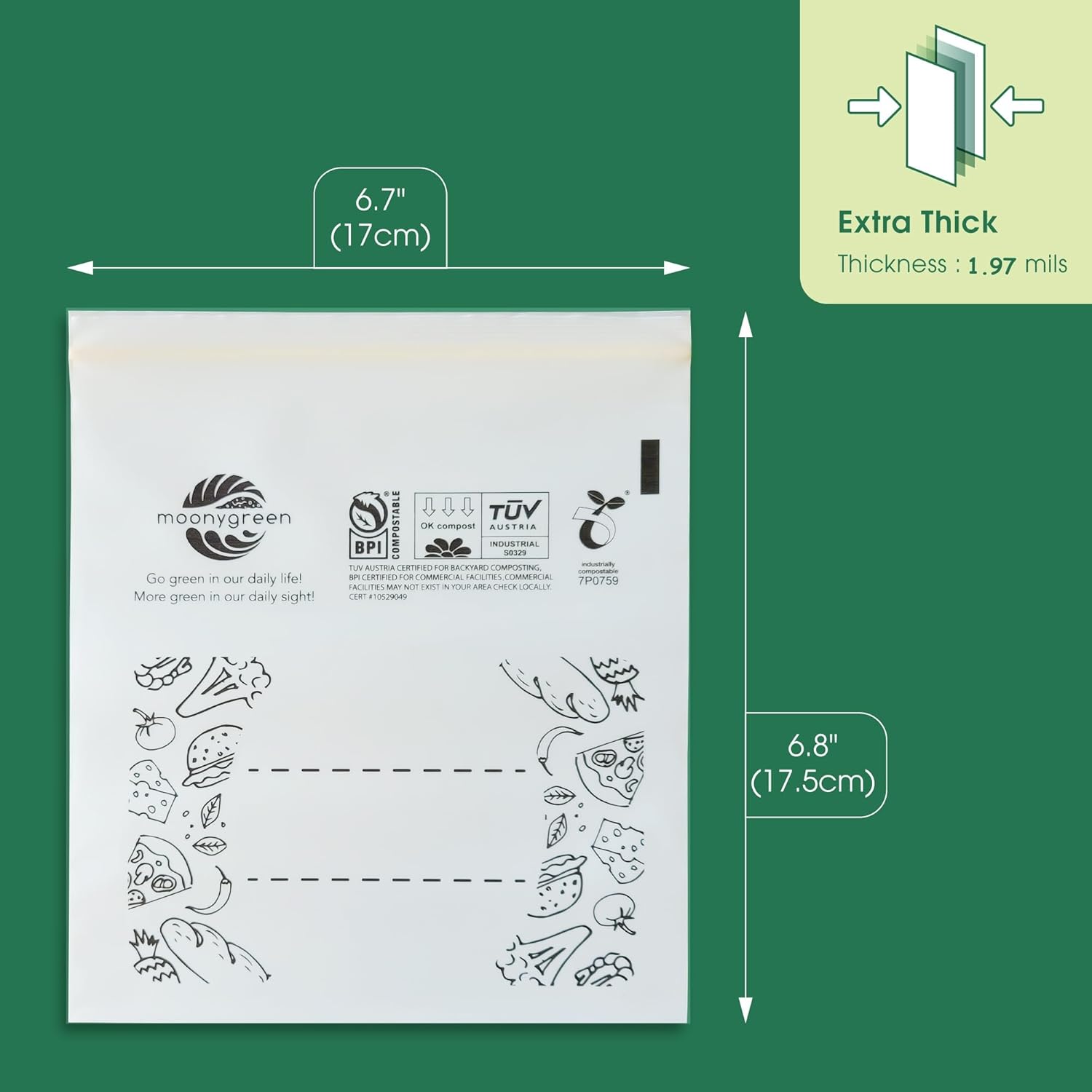 Compostable Food Storage Bags, Resealable Sandwich Bags, 50 Count, 6.7 x 6.8 inches, Extra Thick, Certified US BPI ASTM D6400 Europe OK Compost