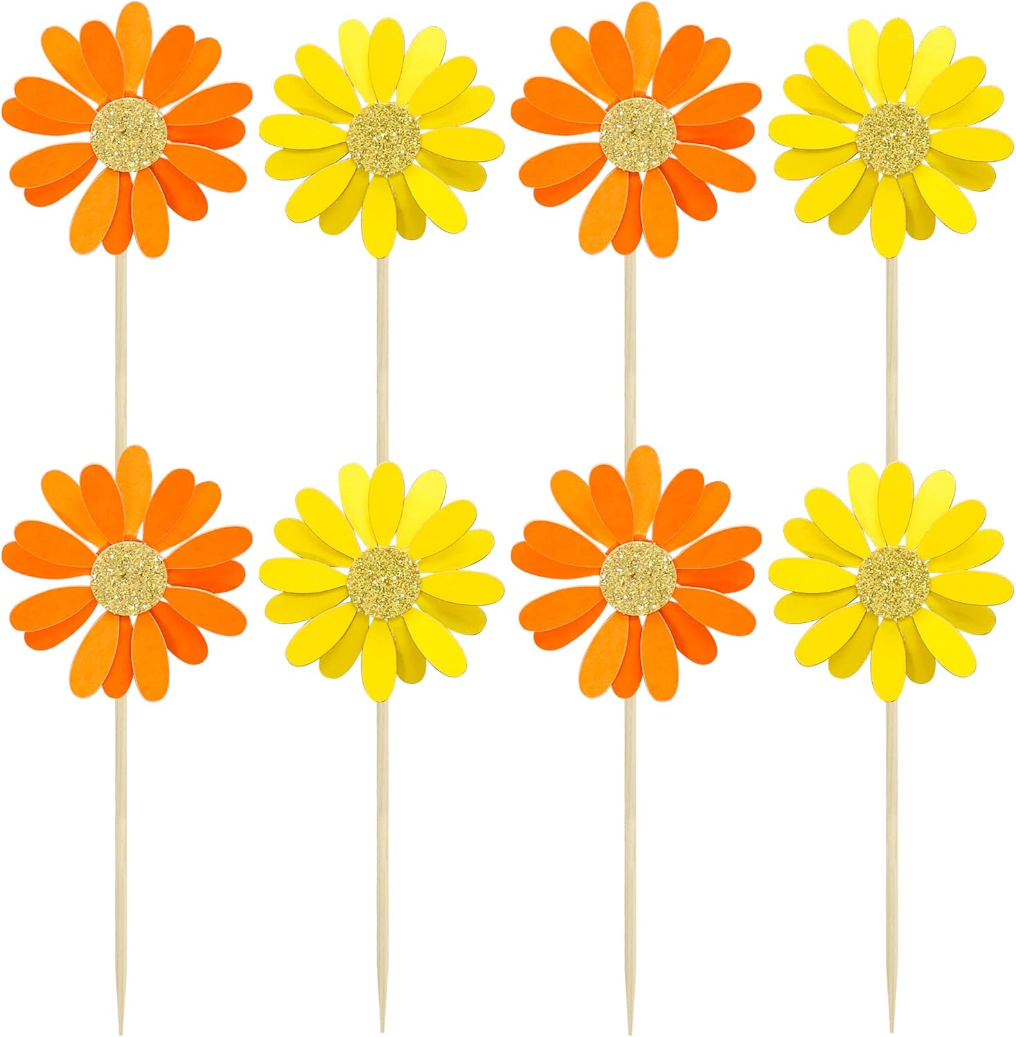 Ephlyn 24Pcs Orange Daisy Cupcake Toppers Flower Cake Toppers Daisy Cake Decorations Chrysanthemum Cupcake Toppers Spring Daisy Flower Cake Picks for Birthday Wedding Supplies