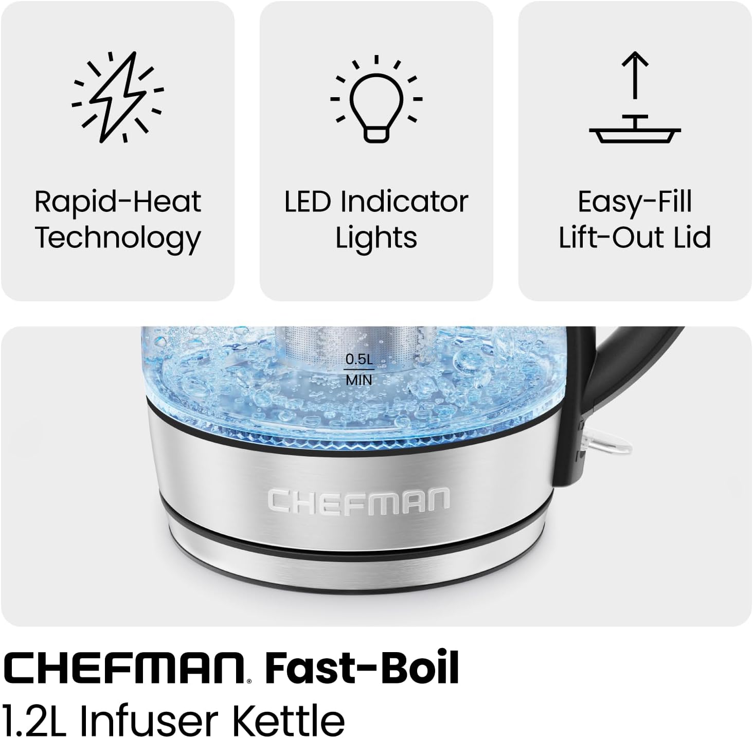 CHEFMAN Electric Kettle - 1.2L 1500W Hot Water Tea Pot with Infuser, BPA Free, Auto Shut Off, Boil-Dry Protection, Removable Lid, LED Light, Cordless Glass Electric Tea Kettle – Stainless Steel