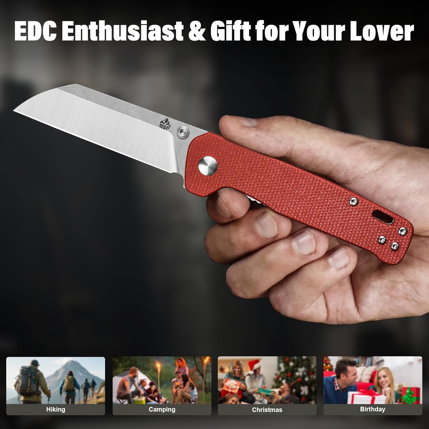 QSP Penguin V2 Folding Pocket Knife, 3.06" D2 Two Tone Finish Stonewash Satin Blade EDC Knife, Red Micarta Handle, Liner Lock, Ceramic Ball Bearings, Reversible SS Deep Carry Clip