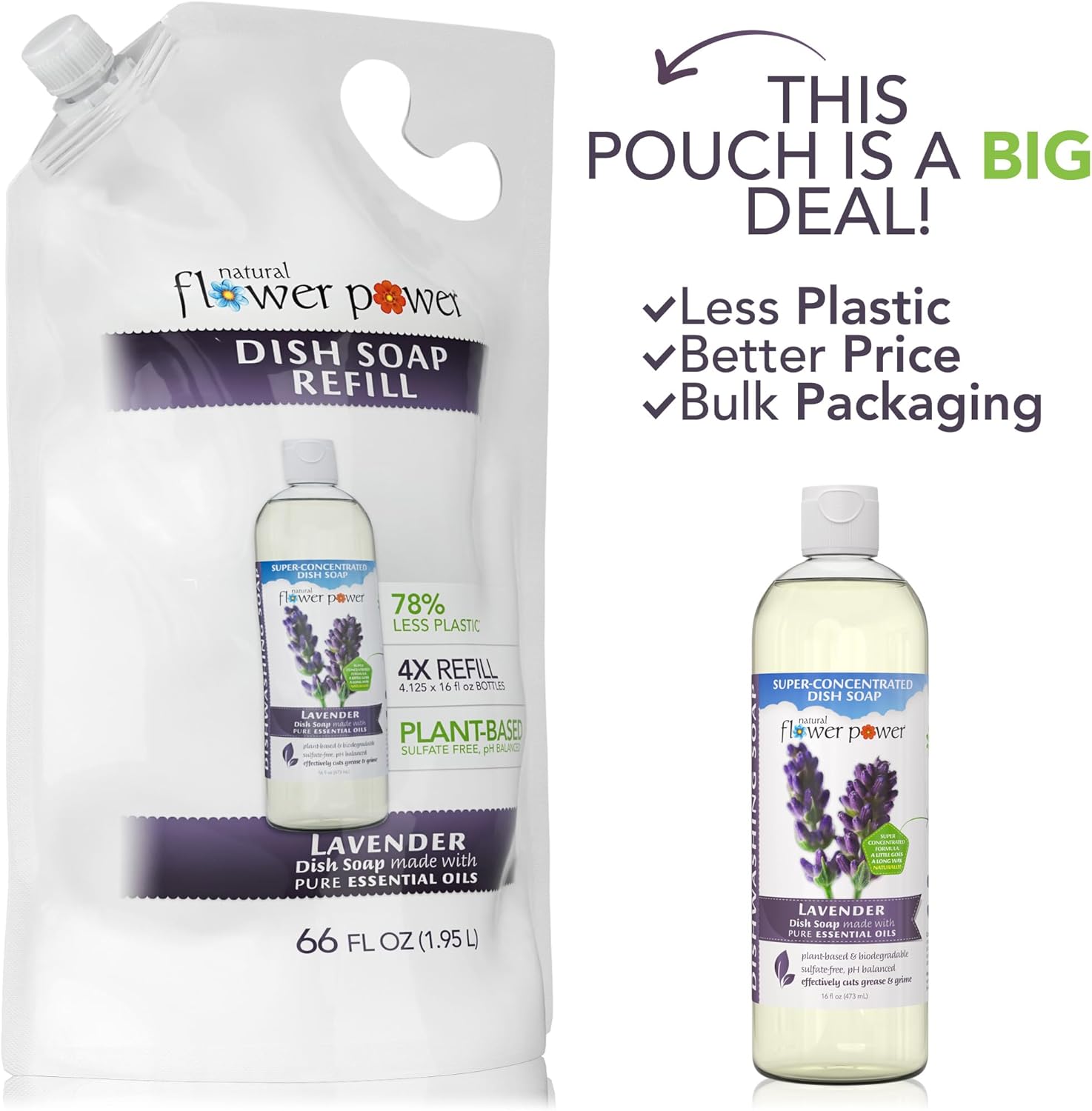 Liquid Dish Soap Refill – 66 Fl Oz Refills 4X – Plant-Based & Scented w/Pure Essential Oils – Natural Dishwashing Detergent – Sulfate-Free Kitchen Soap (Lavender)