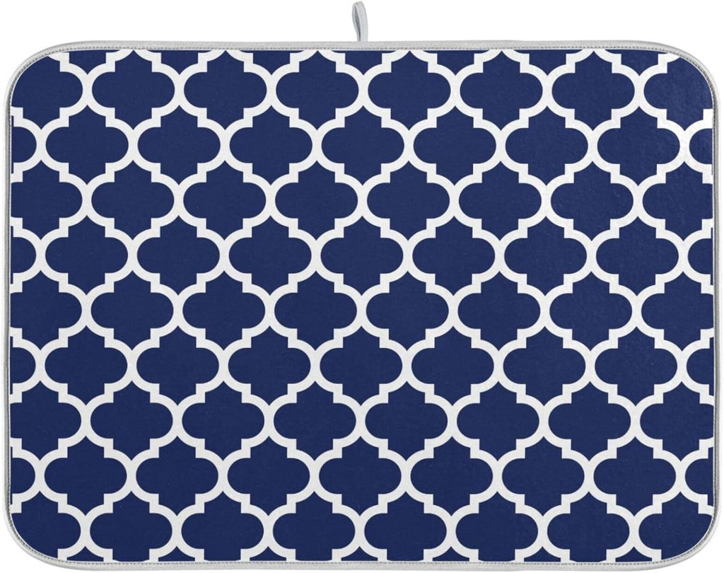 Navy Blue Trellis Lattice Dish Drying Mat for Kitchen Counter Absorbent Microfiber Drying Pad, Medium 16x18 in, Reversible Drainer Mats