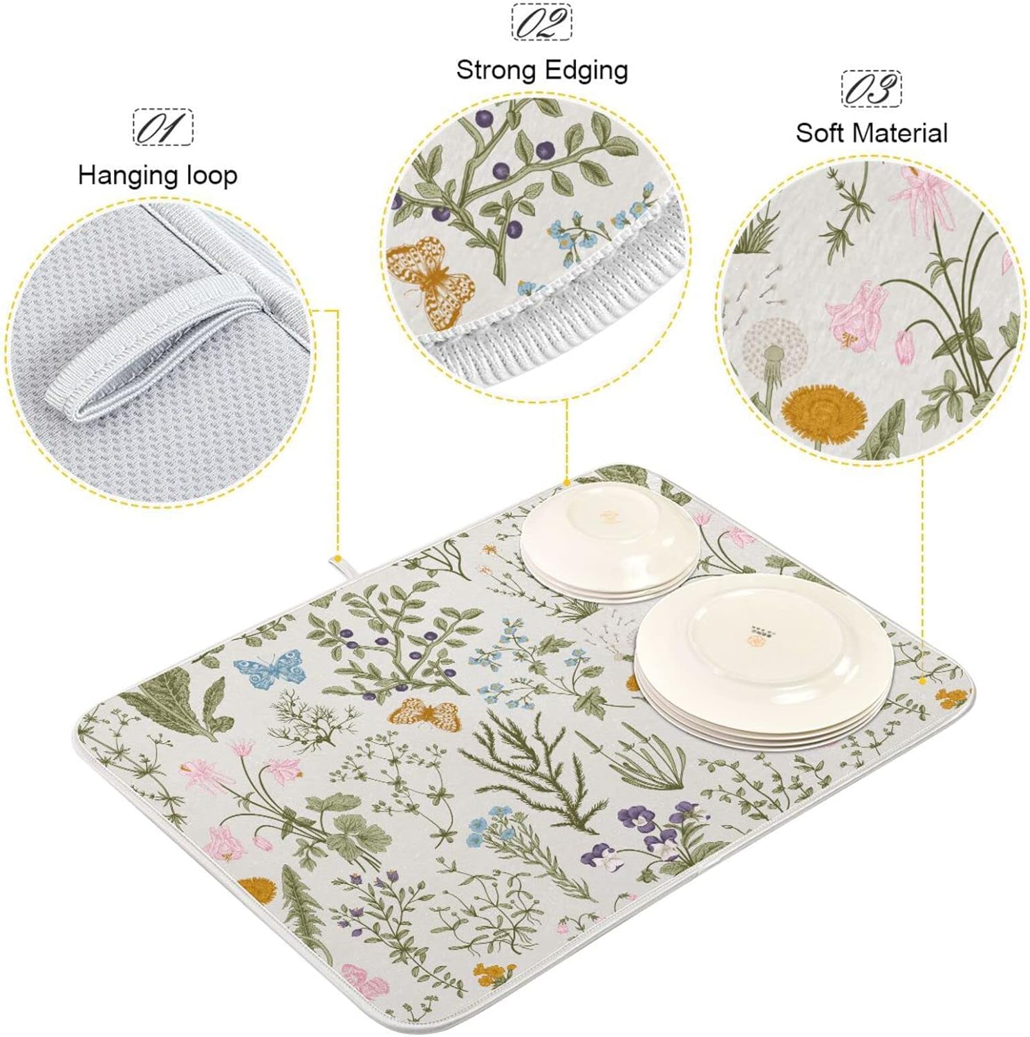 Herbs Flowers Botanical Butterfly Dish Drying Mat for Kitchen Counter Absorbent Microfiber Drying Pad, Medium 16x18 in, Reversible Drainer Mats