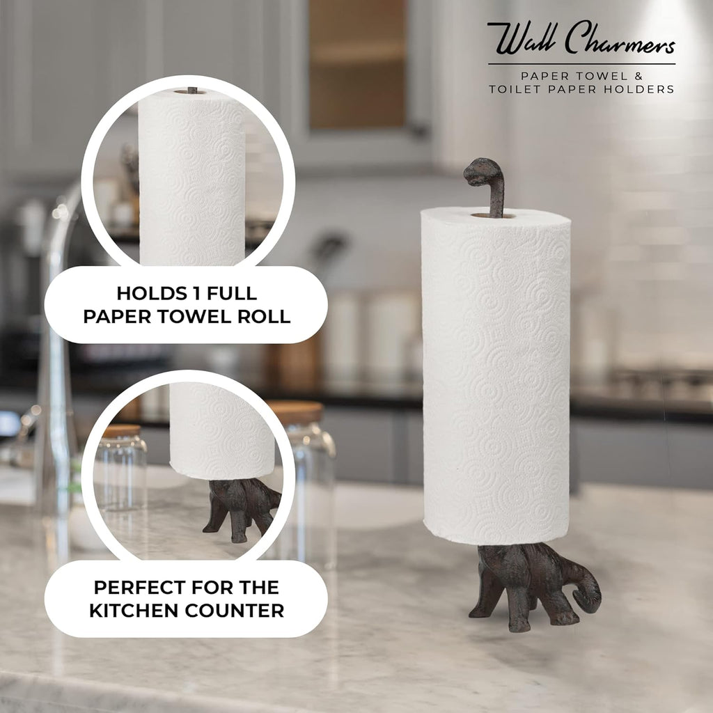 WallCharmers Rustic Paper Towel Holder, Metal Toilet or Kitchen Paper Holder for Floor or Countertop, Rustic Dino