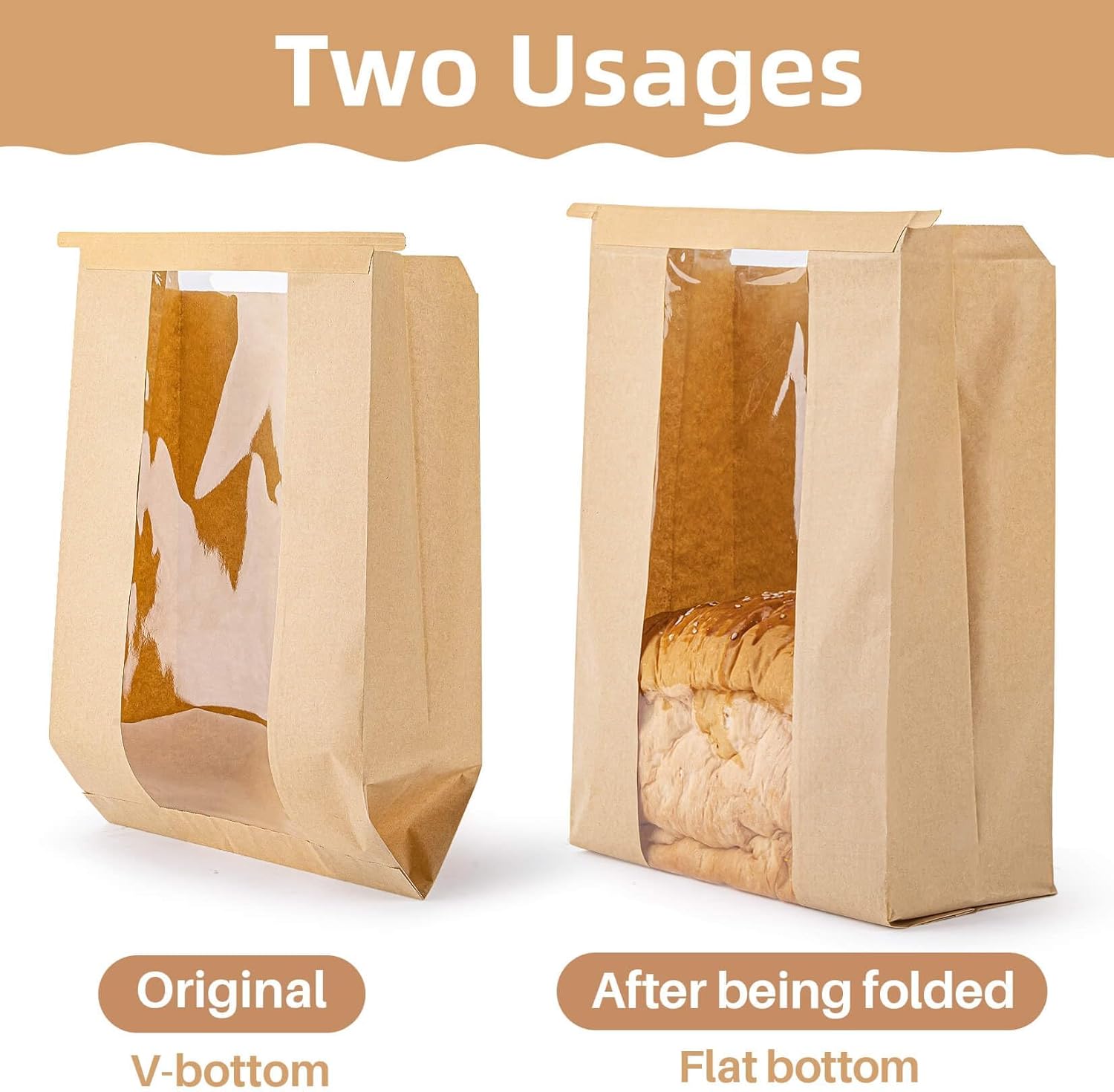 50 Bread Bags with Reusable Ties - Homemade Sourdough Bread Storage Bags Brown Paper Bagel Loaf Bakery Bags with Window Toast Bags with Resealable Ties Disposable Baked Goods Sale Packaging