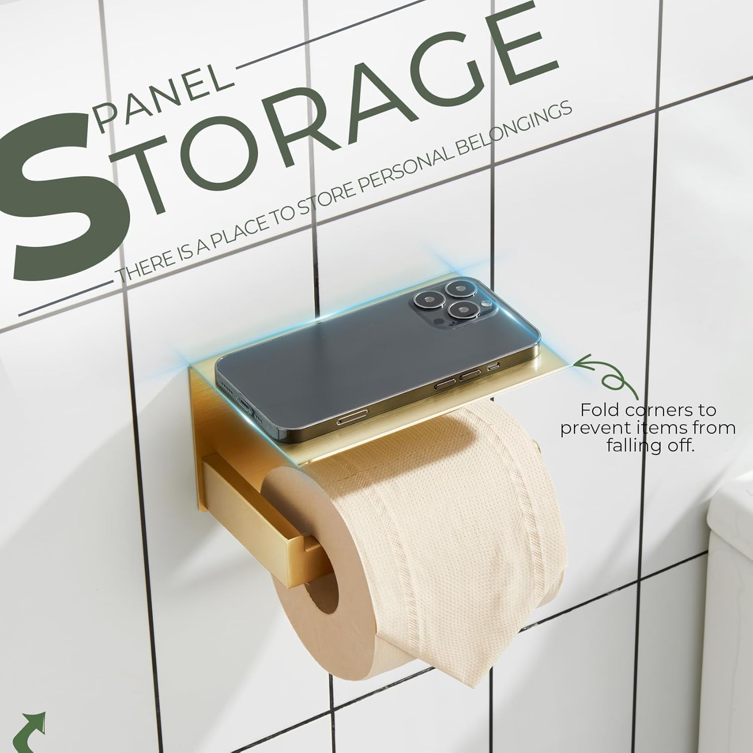 KOKOSIRI Toilet Paper Holder with Shelf Toilet Roll Holder for Bathroom Restroom T-304 Stainless Steel Wall Mounted, Gold Finish, B2010BG