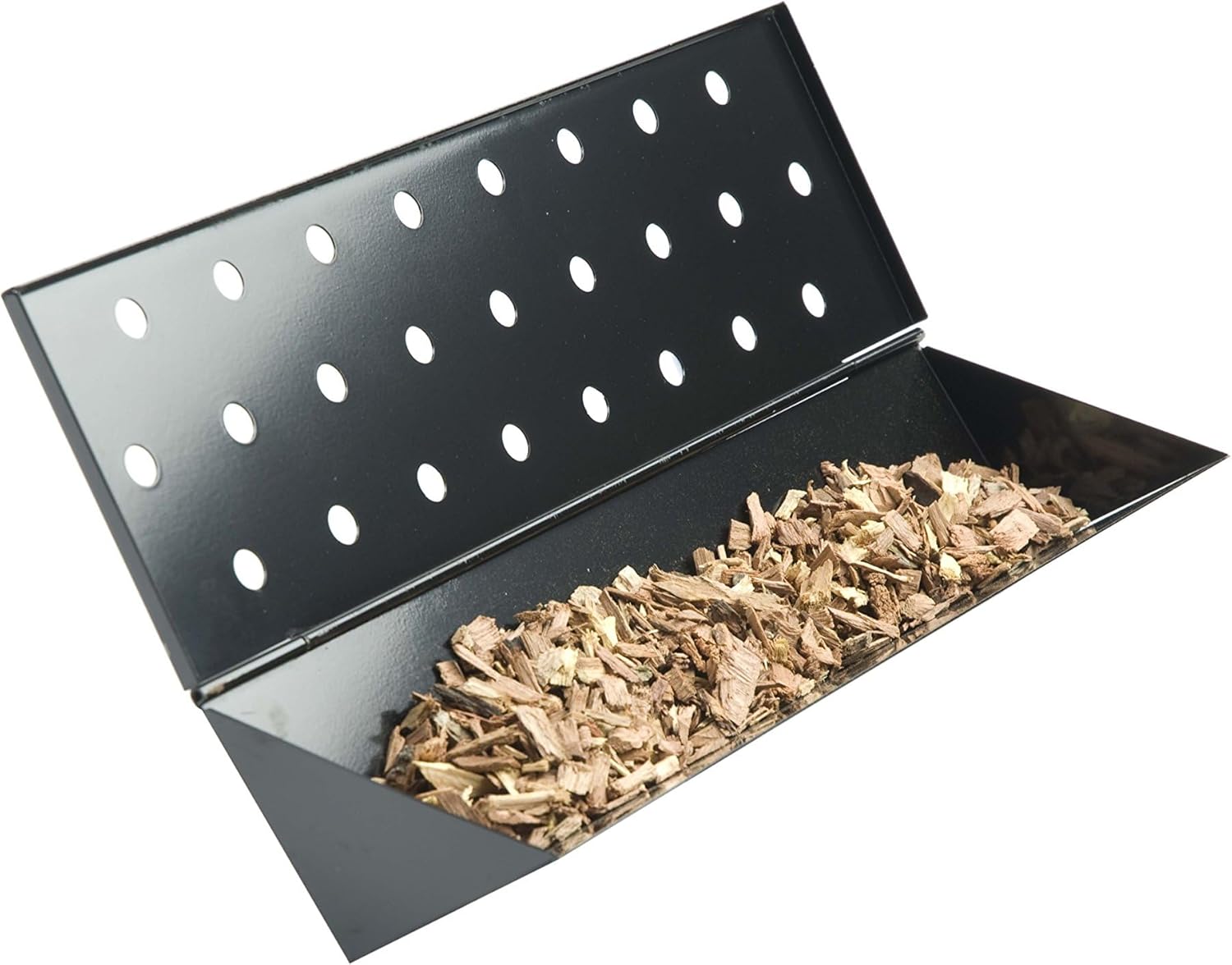 Charcoal Companion Large Nonstick V-Shaped Smoker Box - Intense Smoky Flavor for Gas Grills, Durable Metal - Hinged Lid for Easy Wood Chip Access - Convenient, Clean Grilling Experience (Black)