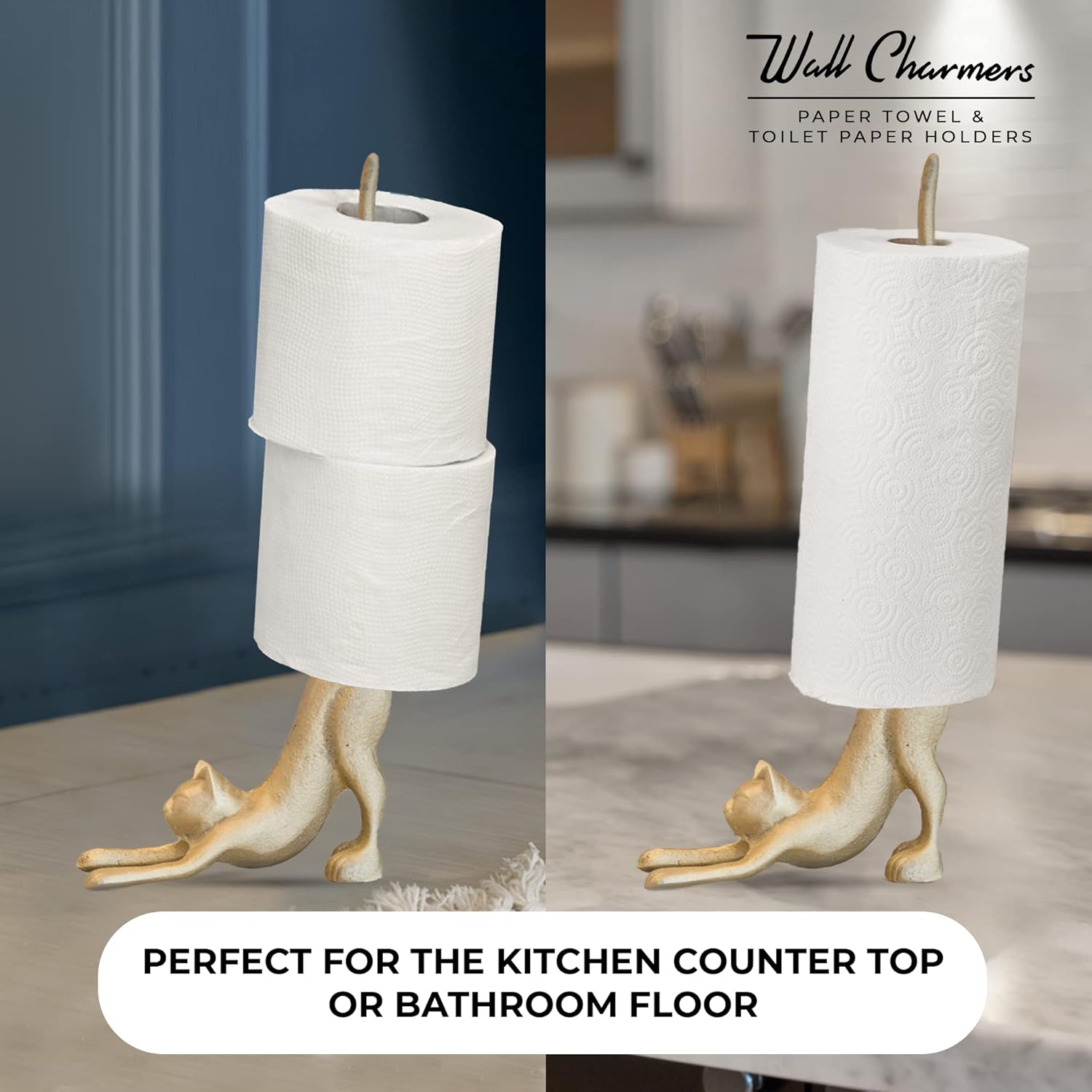 WallCharmers Gold Paper Towel Holder, Metal Toilet or Kitchen Paper Holder for Floor or Countertop, Gold Cat