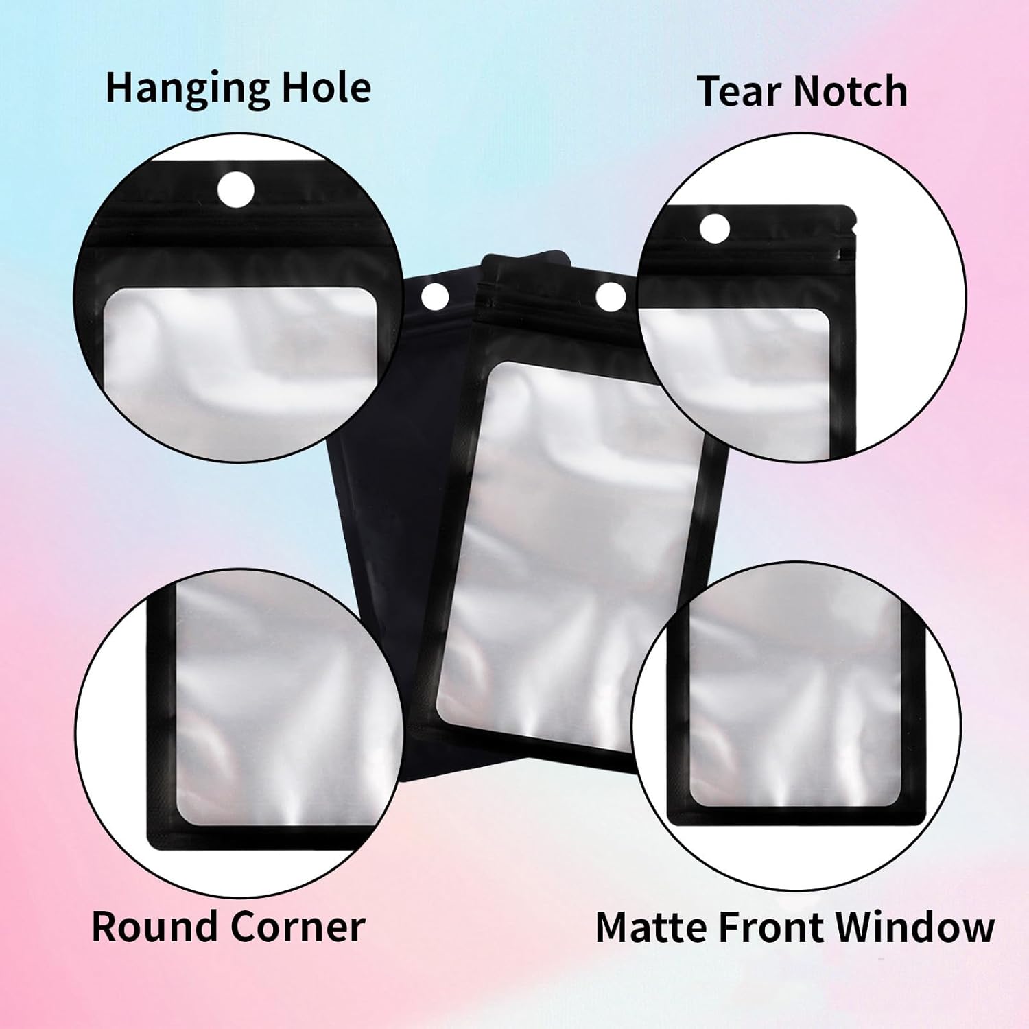 200 Pack Resealable Mylar Holographic Bags Food Storage Smell Proof Bags with Front Window Foil Packaging Pouch for Candy Sample Jewelry Small Business 3.15×5.51 Inch, Black