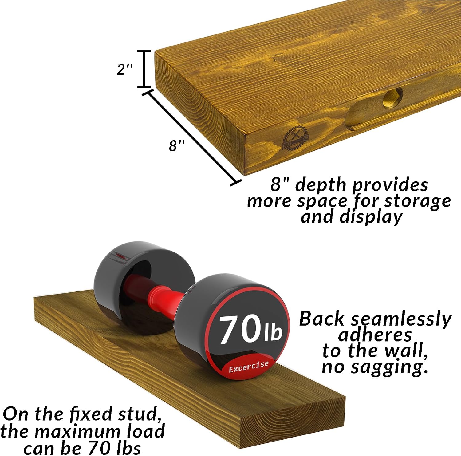 Rustic Floating Shelves 48 inch Long 8 inch deep Set of 2, Solid Wood Wall Shelves for Bedroom Living Room Kitchen,Book Shelf for Wall, Wall Mounted Shelves with Hidden Bracket- Gold Oak