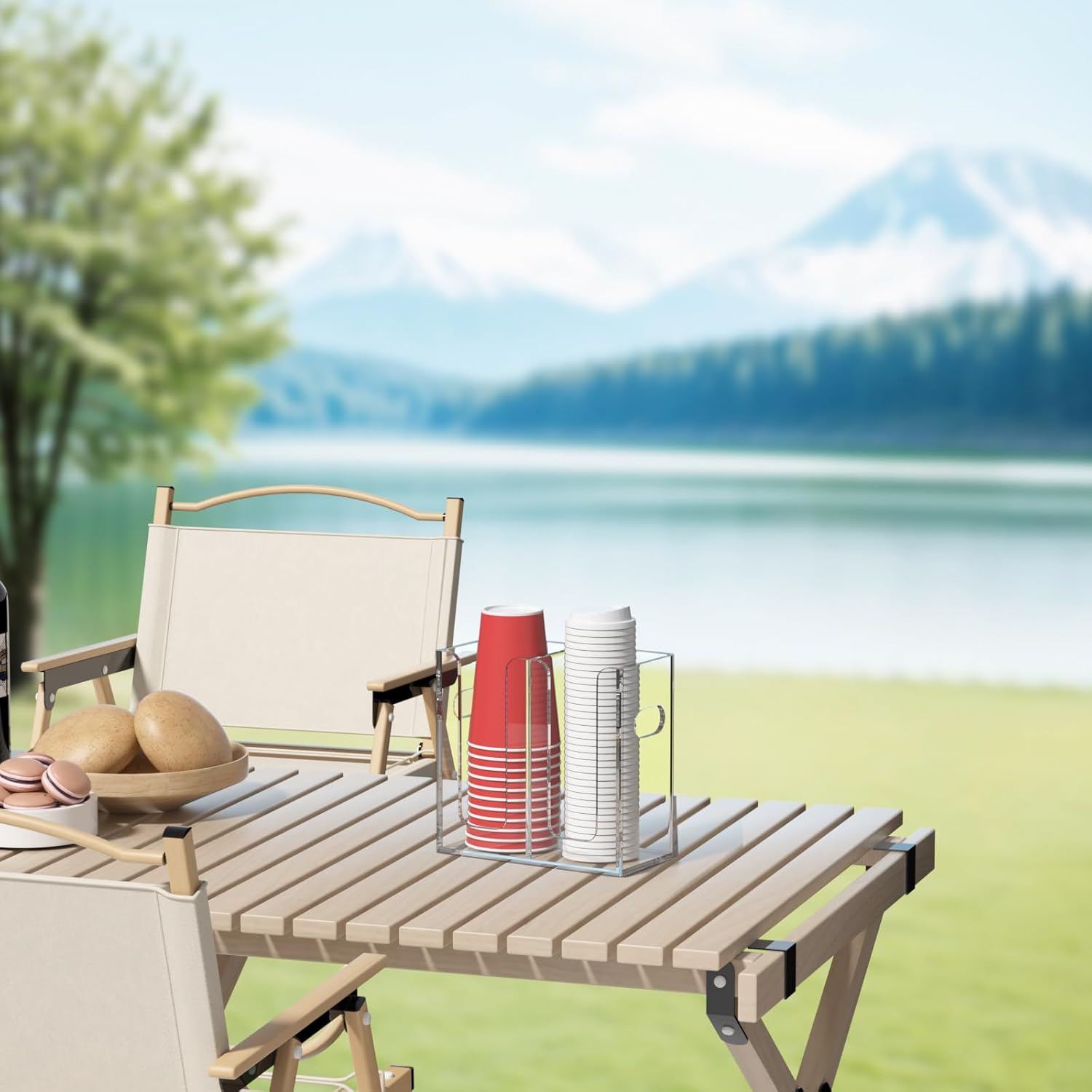 WINFFOR Disposable Cup Organizer Dispenser - 2 Compartments Clear Acrylic Cup and Lid Holder with Handles Plastic Cup Dispenser Countertop Paper Cup Holder for Coffee Bar House Party Essentials