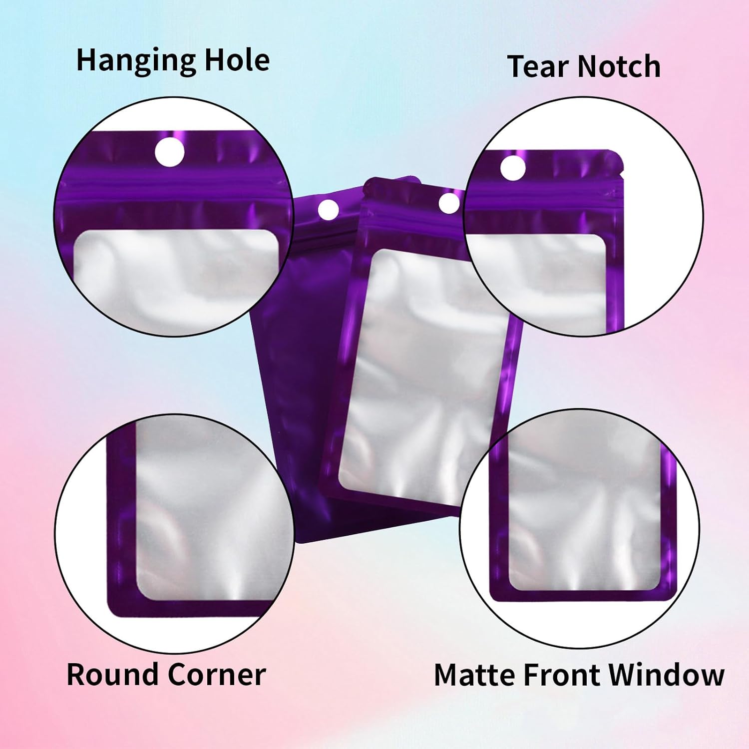 200 Pack Resealable Mylar Holographic Bags Food Storage Smell Proof Bags with Front Window Foil Packaging Pouch for Candy Sample Jewelry Small Business 4.13×5.91 Inch, Purple