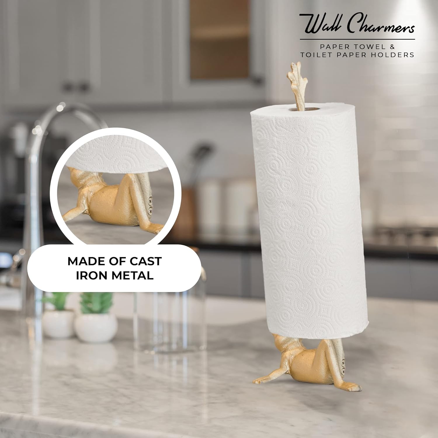 WallCharmers Gold Paper Towel Holder, Metal Toilet or Kitchen Paper Holder for Floor or Countertop, Gold Frog