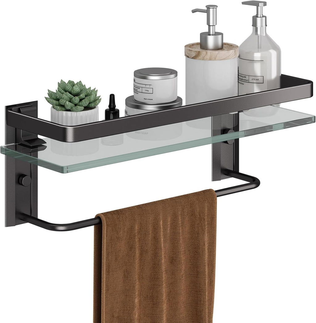 Danpoo Bathroom Wall Shelf with Towel Bar, Clear Tempered Glass, Hand Towel Holder (Matte Black)