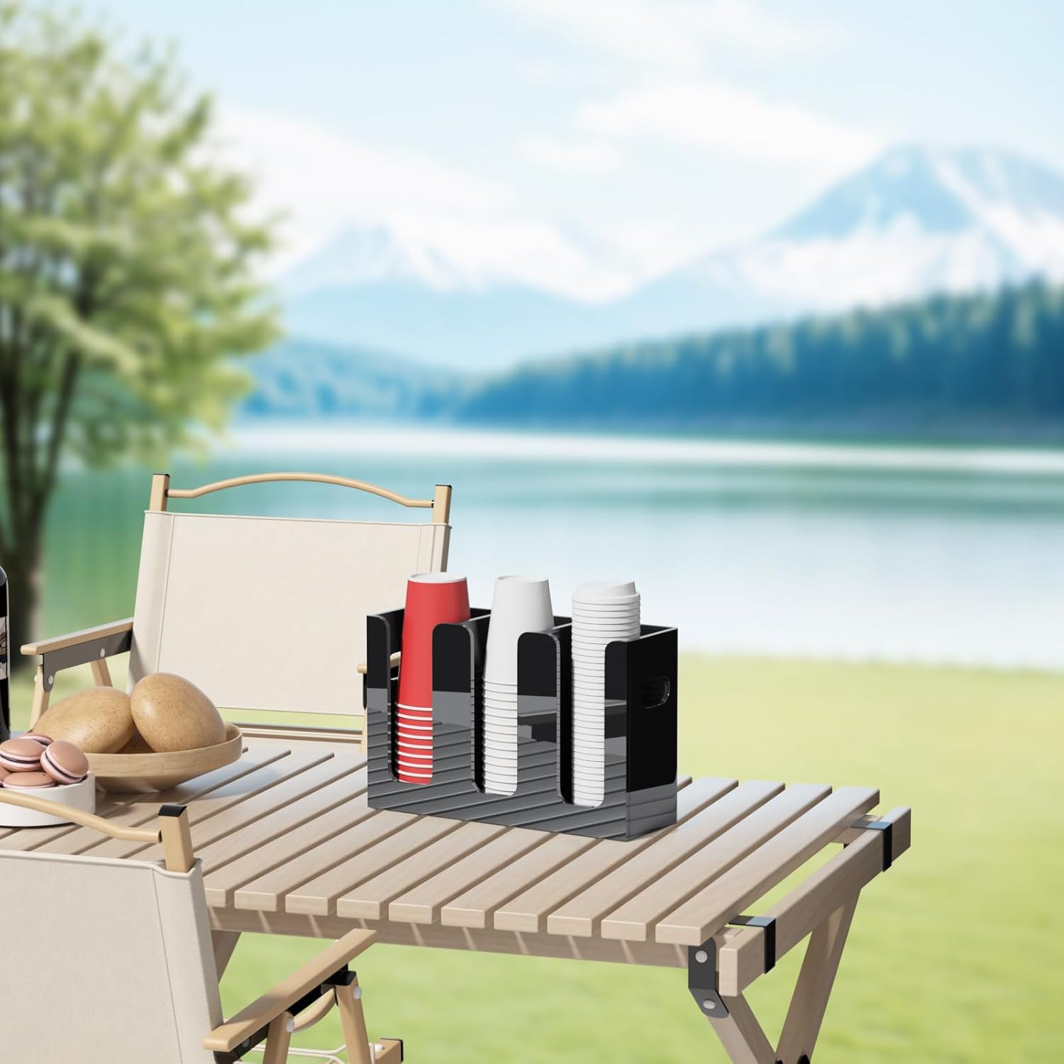 WINFFOR Disposable Cup Organizer Dispenser - 3 Compartments Black Acrylic Cup and Lid Holder with Handles Plastic Cup Dispenser Countertop Paper Cup Holder for Coffee Bar House Party Essentials