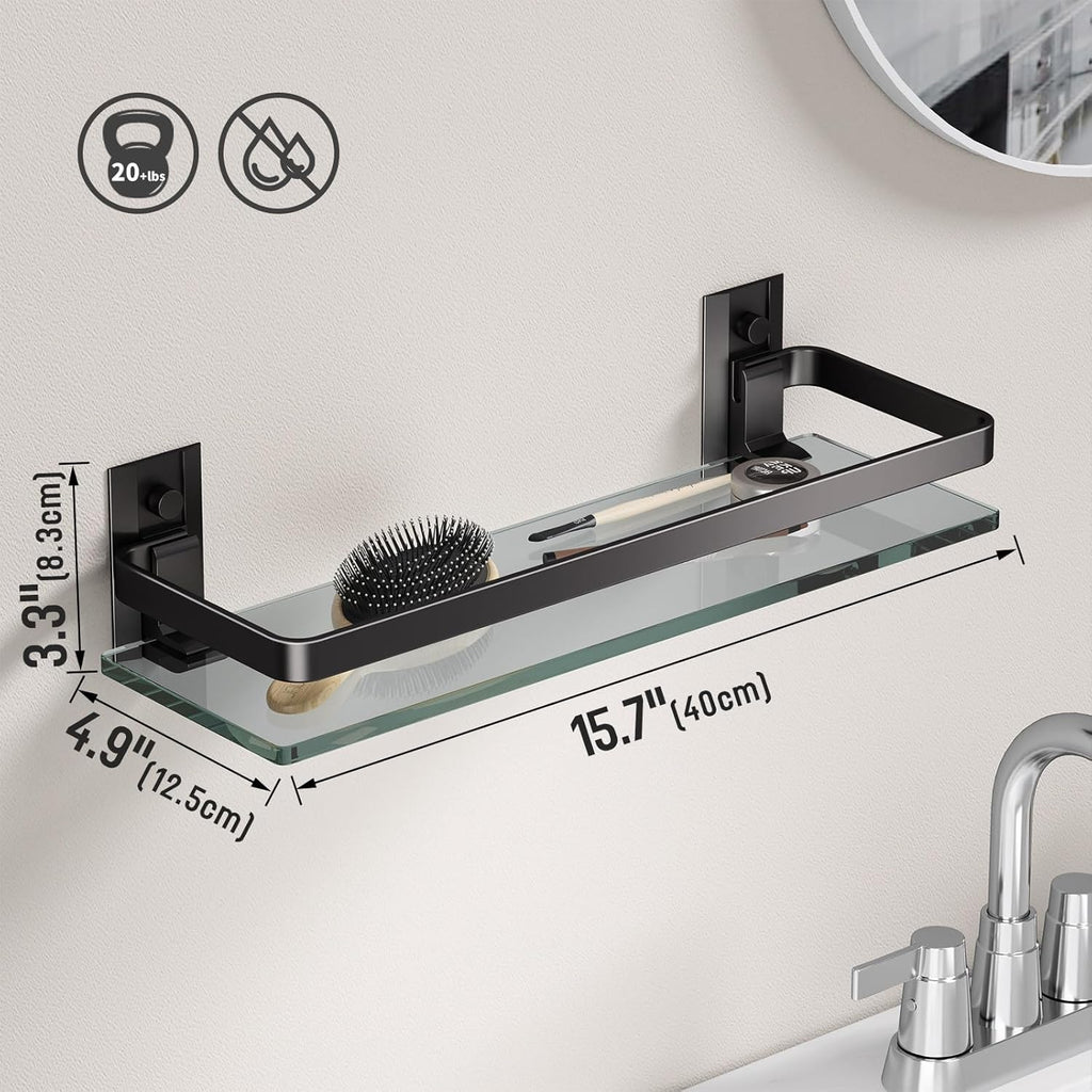 Danpoo Clear Tempered Glass Wall Shelf, Wall-Mounted Organizer for Bathroom, Kitchen(Matte Black)
