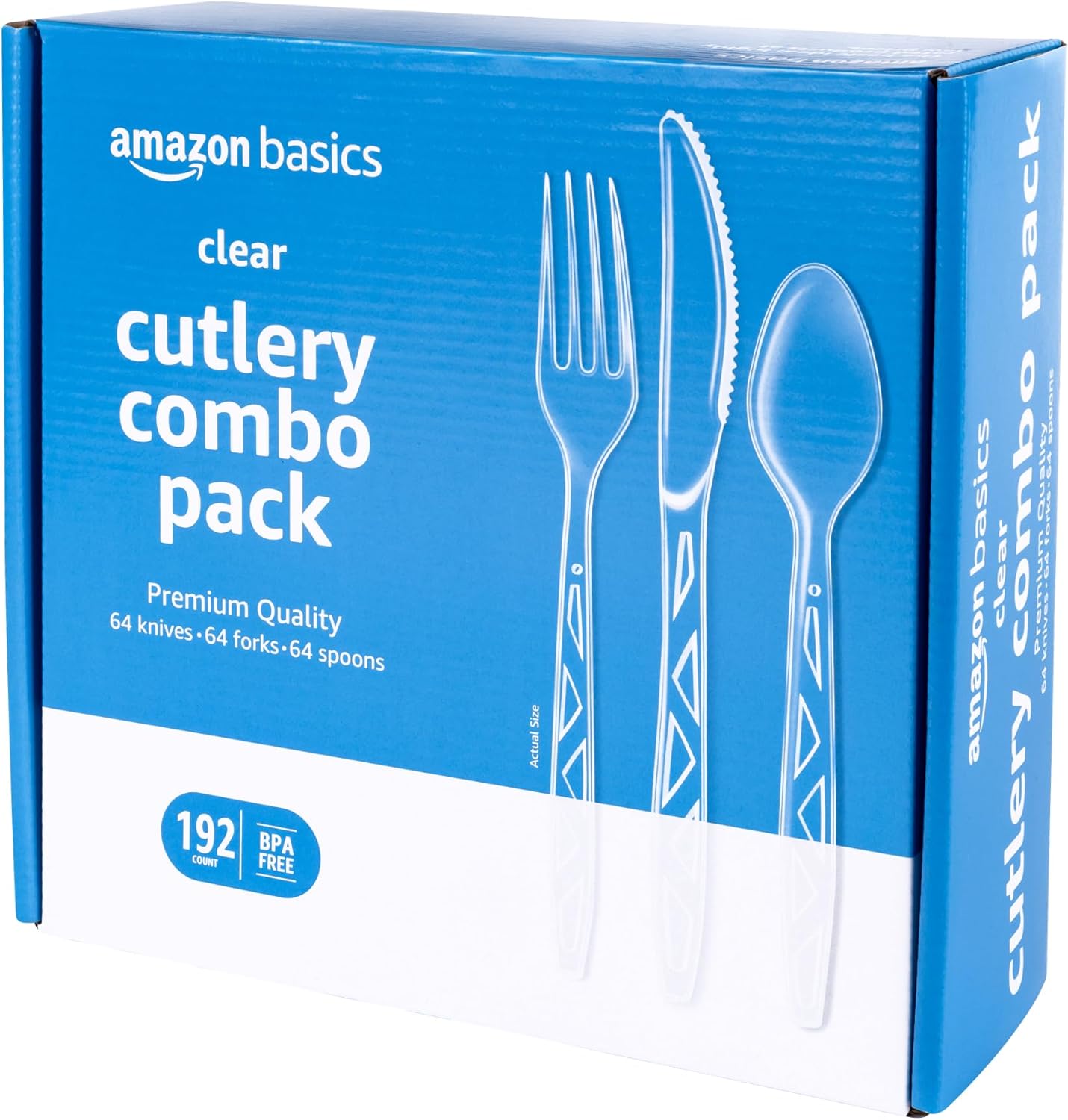Amazon Basics Disposable Clear Assorted Cutlery Set, Premium Quality, 192 Count, Large Combo Pack Forks, Spoon and Knives