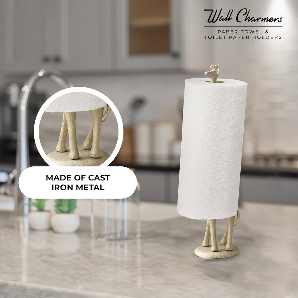 WallCharmers Gold Paper Towel Holder, Metal Toilet or Kitchen Paper Holder for Floor or Countertop, Gold Giraffe