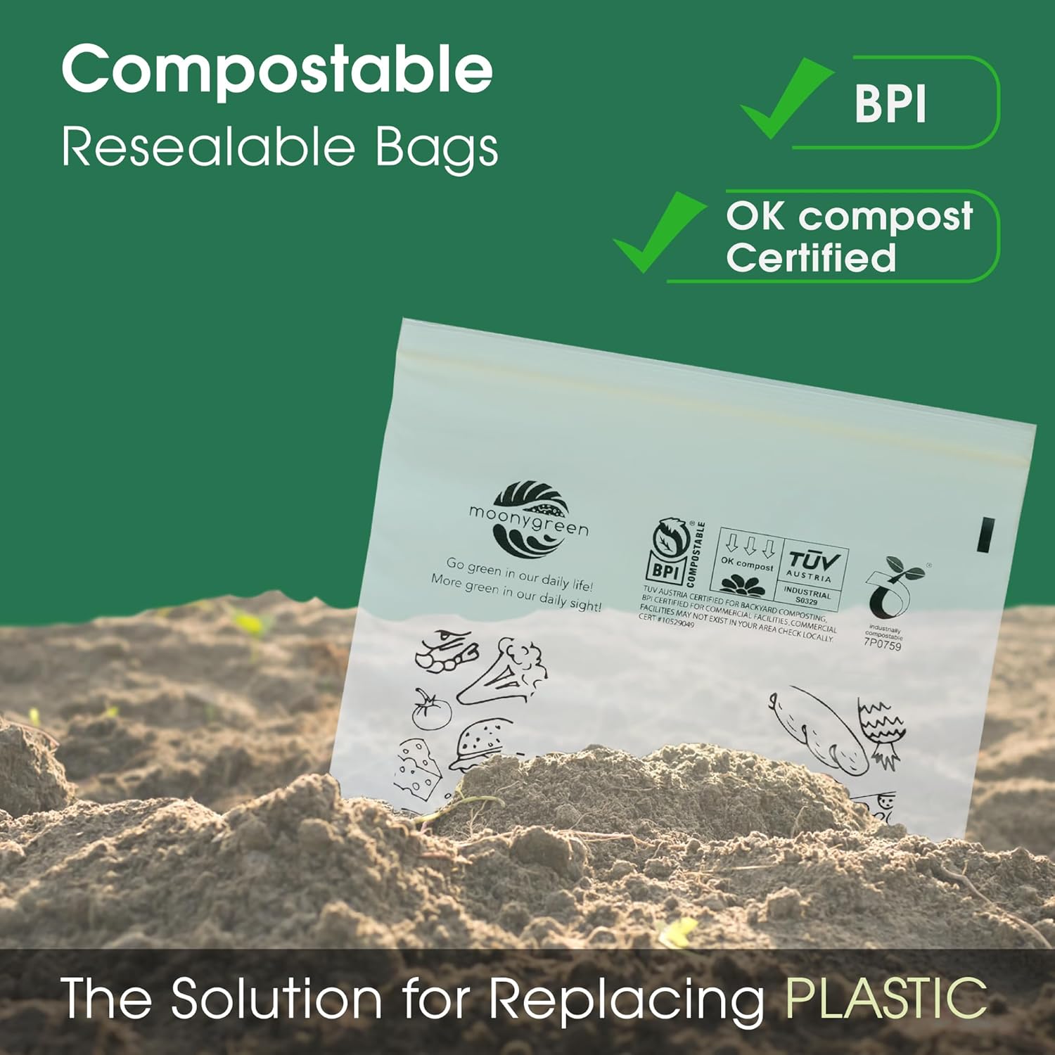 Compostable Food Storage Bags, Resealable, 50 Snack, 50 Sandwich, 30 Quart, 30 Gallon, Extra Thick, Certified US BPI ASTM D6400 Europe OK Compost