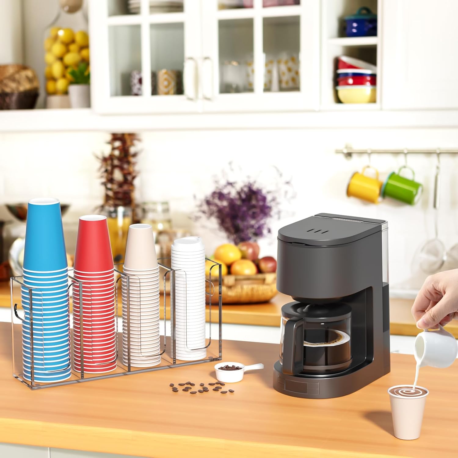 WINFFOR Disposable Cup Organizer Dispenser - 4 Compartments Clear Acrylic Cup and Lid Holder with Handles Plastic Cup Dispenser Countertop Paper Cup Holder for Coffee Bar House Party Essentials