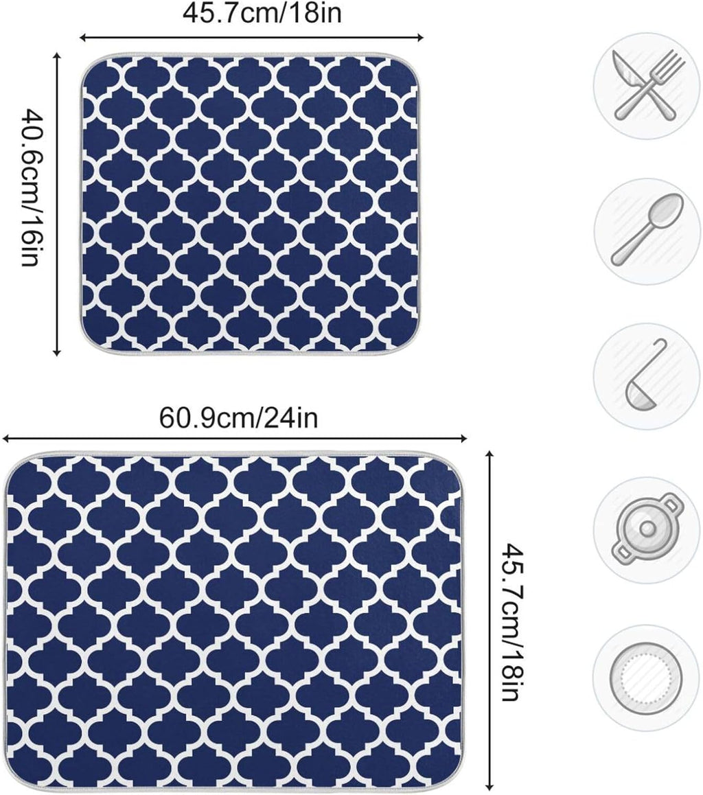 Navy Blue Trellis Lattice Dish Drying Mat for Kitchen Counter Absorbent Microfiber Drying Pad, Medium 16x18 in, Reversible Drainer Mats