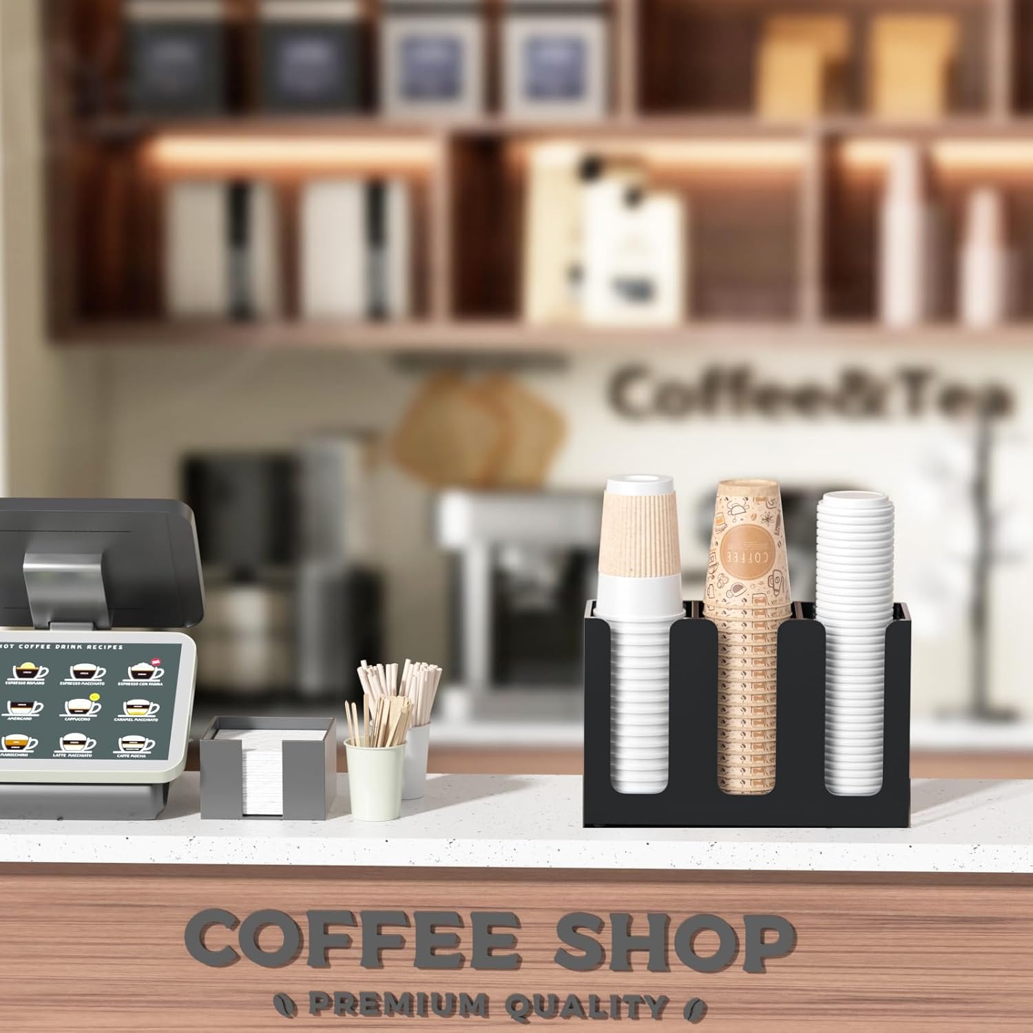 WINFFOR Disposable Cup Organizer Dispenser - 3 Compartments Black Acrylic Cup and Lid Holder with Handles Plastic Cup Dispenser Countertop Paper Cup Holder for Coffee Bar House Party Essentials