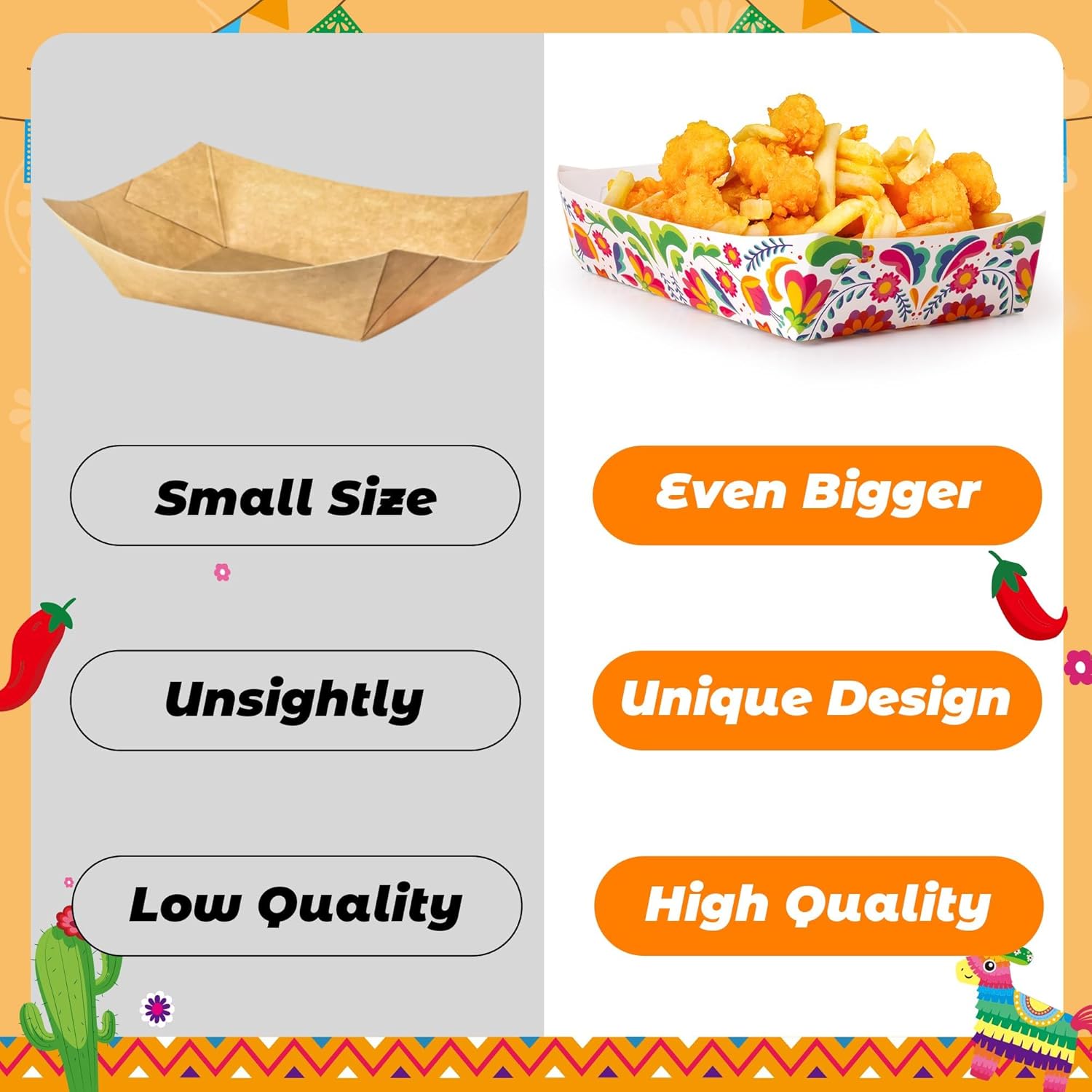 Mexican Taco Nights Food Trays - 60P Hispanic Heritage Month Flowers Unassembled Trays Nacho Snack Candy Holder Disposable Paper Plates Birthday Carnival Party Harvest Picnic Food Containers