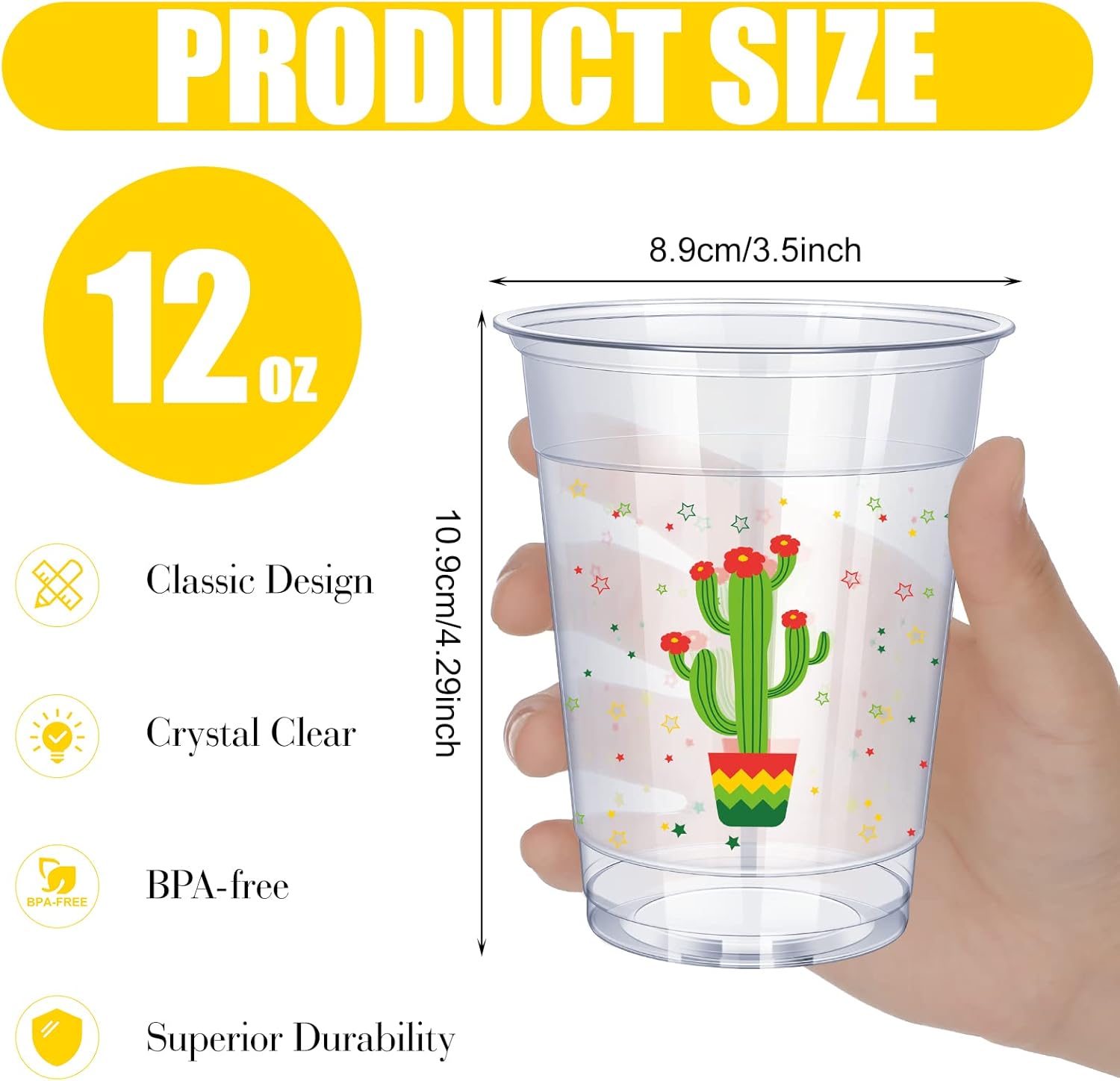 meekoo 200 Pack 12 oz Fiesta Cups Plastic Mexican Cups Clear Disposable Mug Cinco De Mayo Party Decorations for Fiesta Taco Birthday Party Drinkware Supplies, 4 Styles