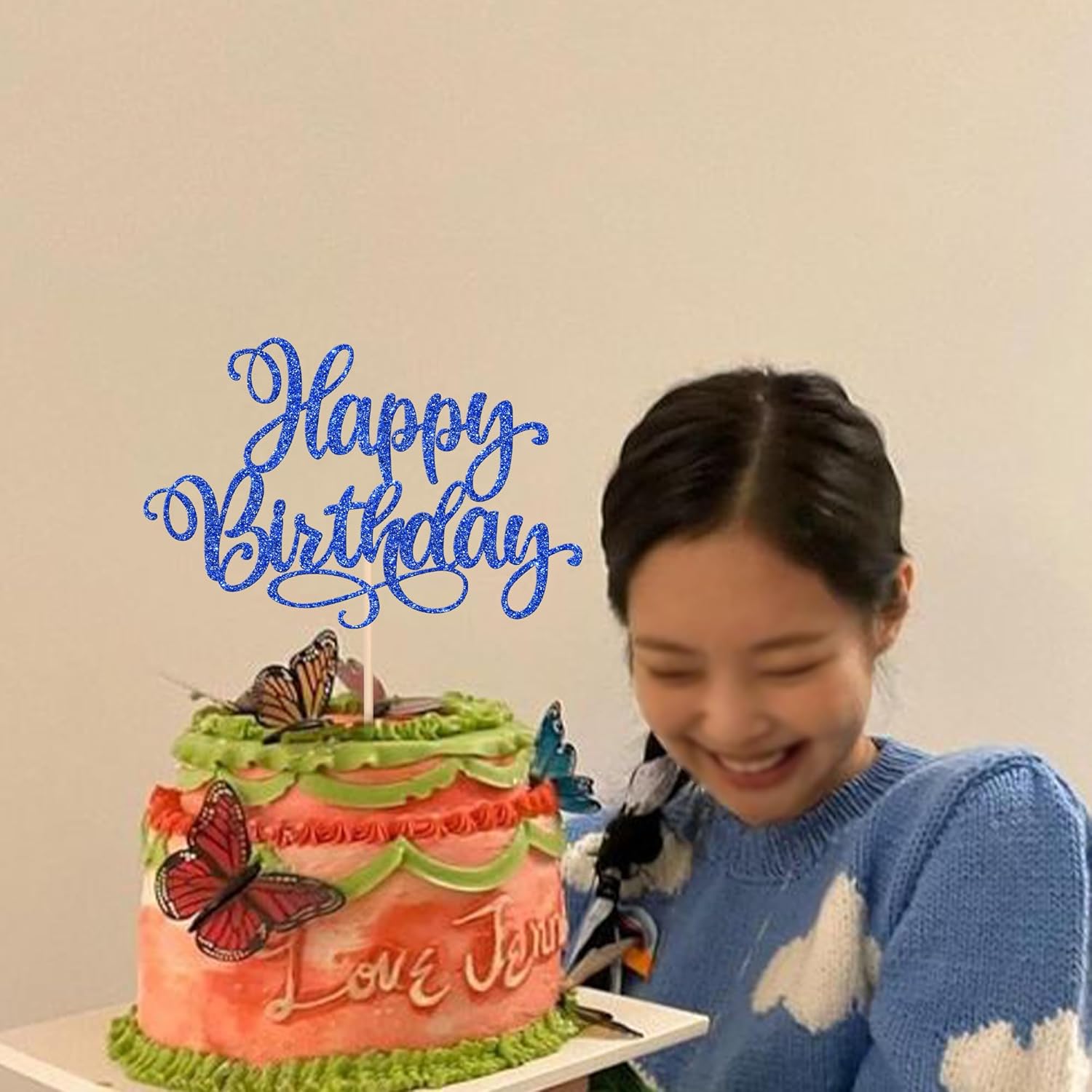 1 PCS Happy Birthday Cake Topper Glitter Happy Birthday Cake Pick Bunting Decor for Anniversary Celebrating Happy Birthday Party Cake Decorations Supplies Blue