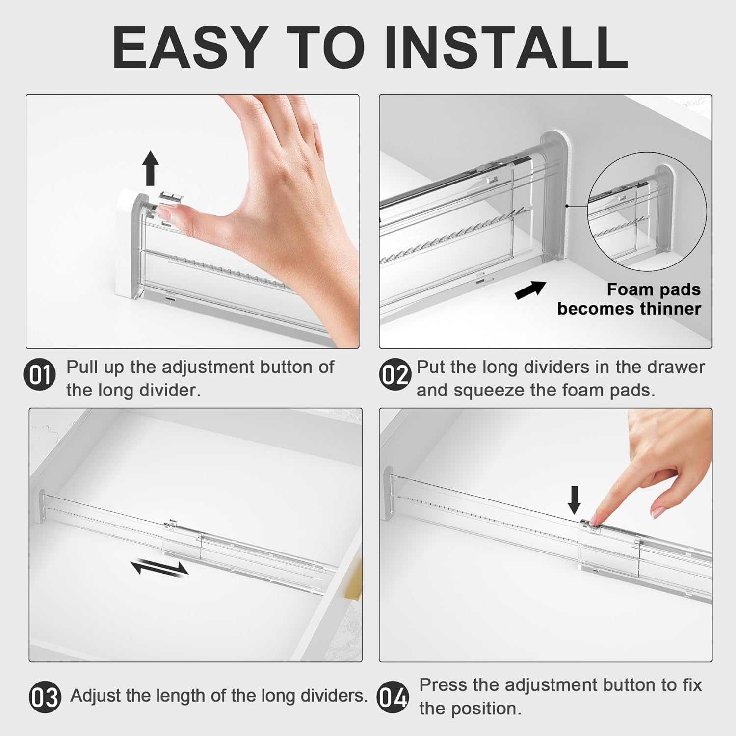 HiYZ Expandable Drawer Dividers - 12.6-22.8'' Adjustable Drawers Organizers for Kitchen Utensils, Drawer Separators in Bedroom, Dresser, Office, Bathroom, Fridge, 8 Pack Long Dividers-Clear