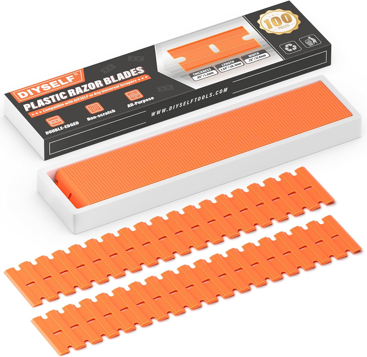 DIYSELF Plastic Razor Blades | 200-Piece Blade Replacement for Plastic Razor Scraper | Plastic Blades for Glass, Metal, Floors, Marble and Tile surfaces | Adhesive Remover
