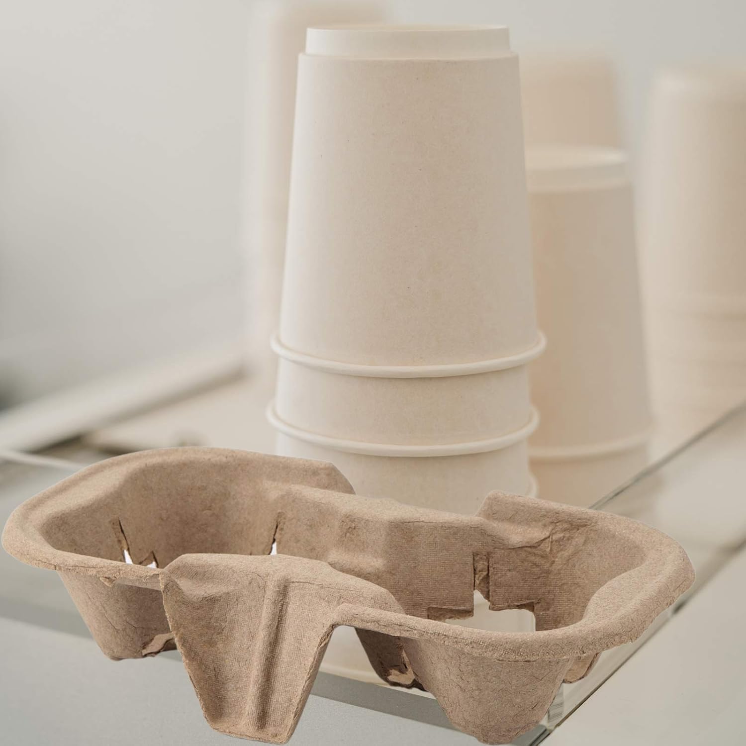 2 Cup Pulp Fiber Drink Carrier, 100 Pack Biodegradable Disposable Take-Out Cup Carriers Holders for Coffee, Hot Cold Drinks, Beverages Transportation, Food Delivery Service 8.6x 4.3x1.7 inch