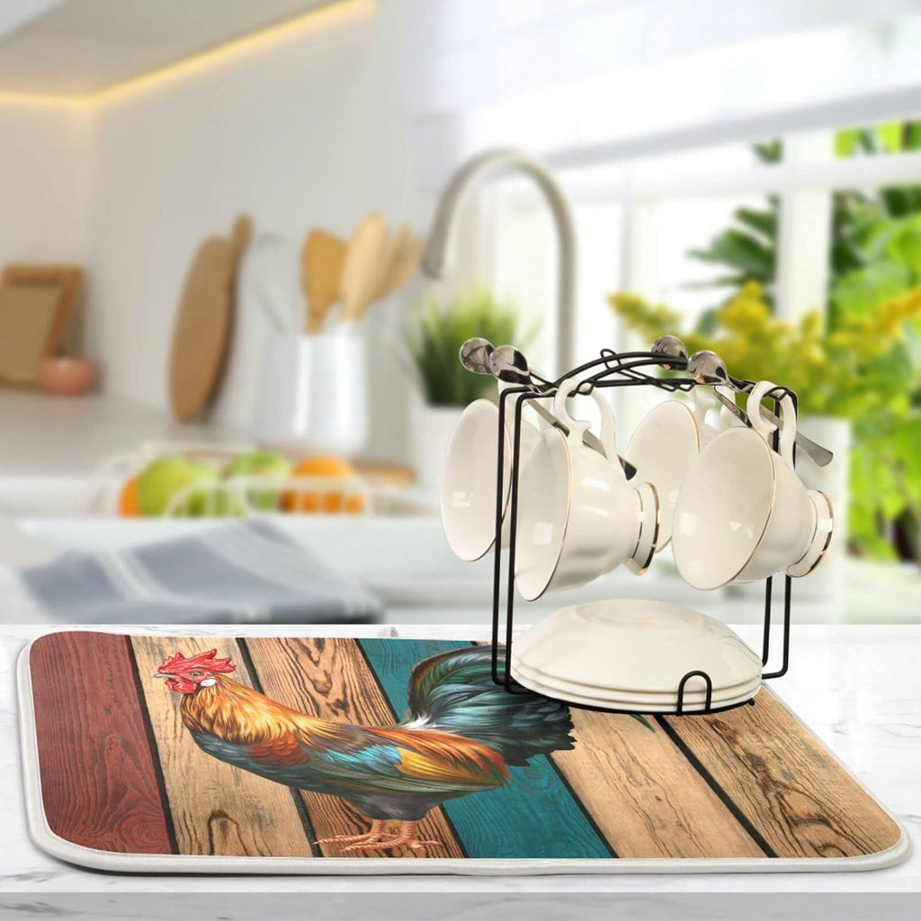 Rooster Dish Drying Mat for Kitchen Counter Farmhouse Absorbent Microfiber Drying Pad, Large 18x24 in, Reversible Drainer Mats